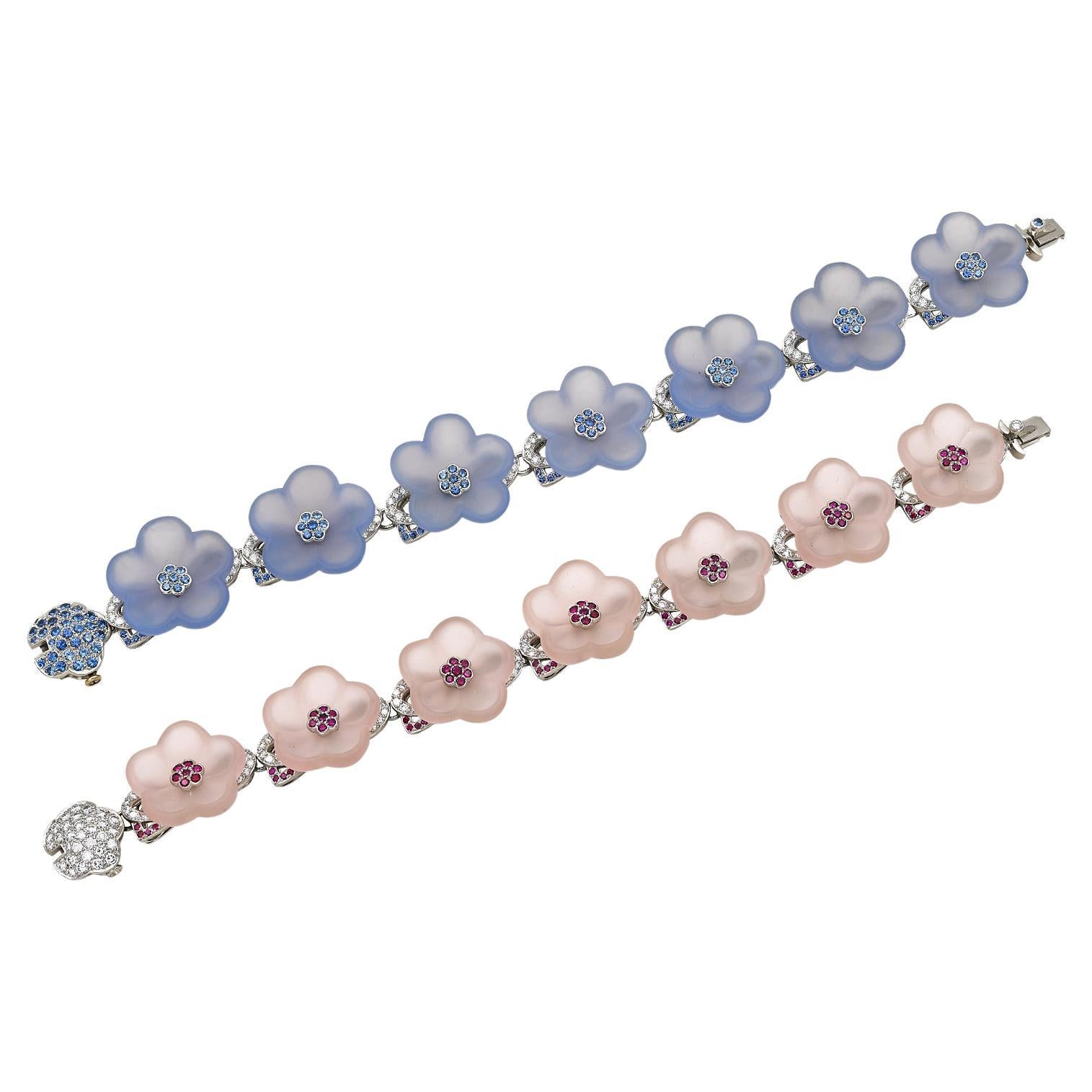 A Pair of Rock Crystal Quartz Diamond Flower Bracelets by Tiffany & Co. For Sale