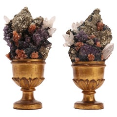 Pair of Rock Crystals, Amethyst, Pyrite  and Aragonite Druses, Italy 1880