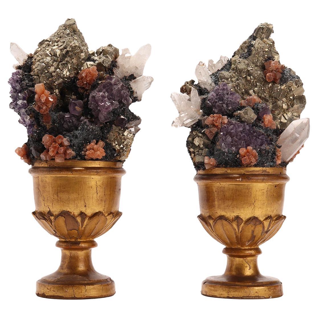 Une paire de cristaux de roche, améthyste et pyrite  et druzes d'aragonite, Italie 1880.  en vente