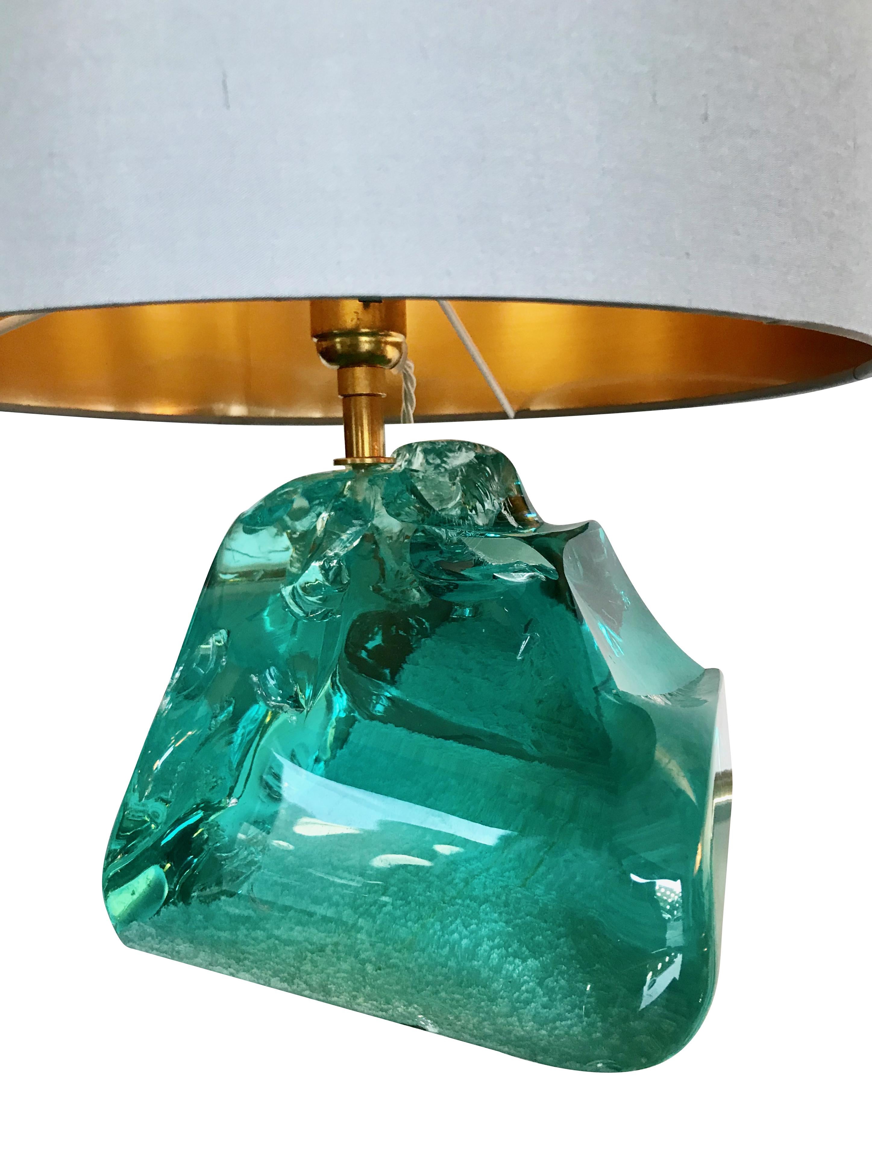 Brass Pair of Rock Glass Lamps in the Style of Max Ingrand