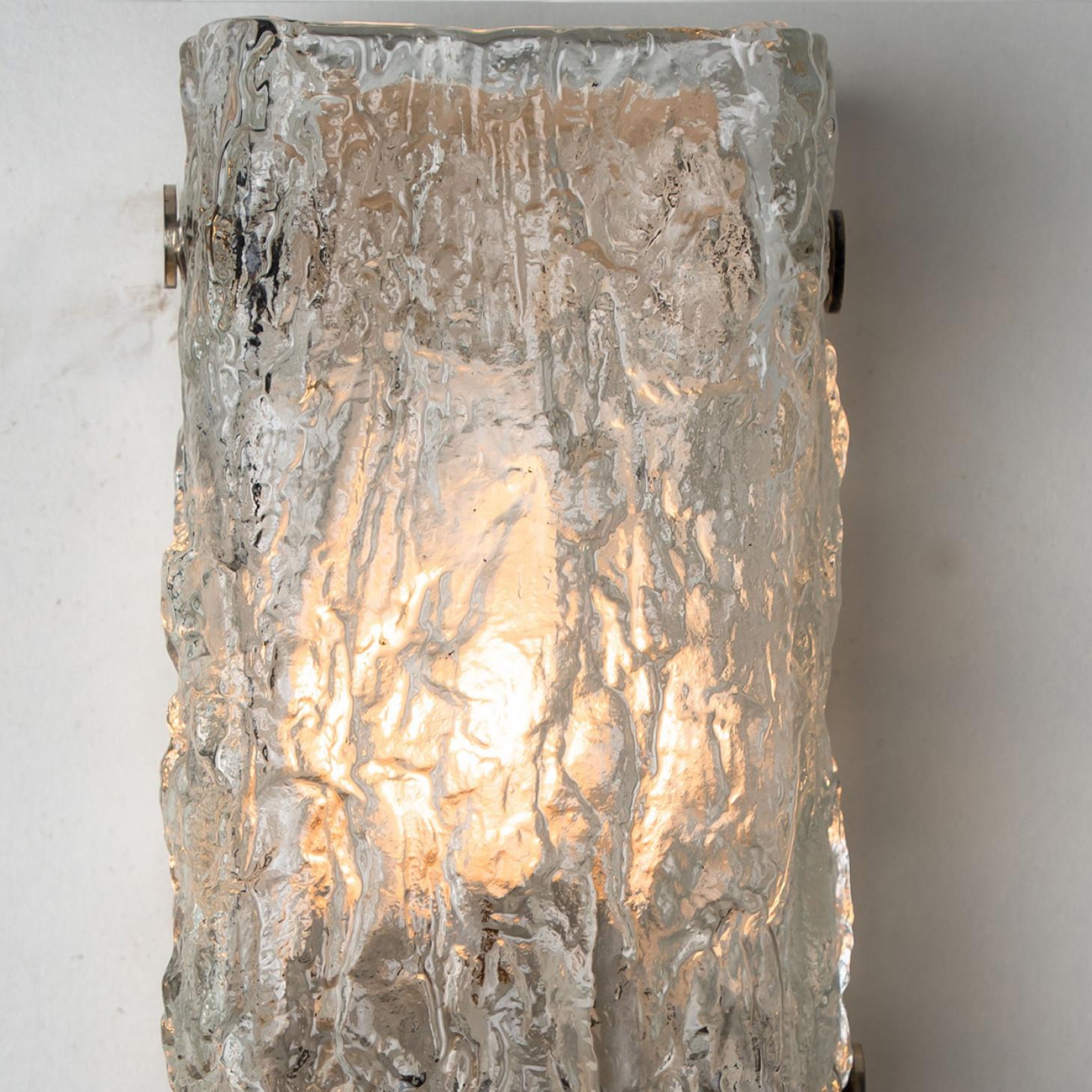 20th Century A pair of Rock Textured Glass Silver Wall Lights Kalmar, 1970s For Sale