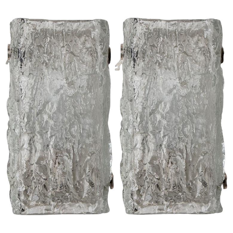 A pair of Rock Textured Glass Silver Wall Lights Kalmar, 1970s