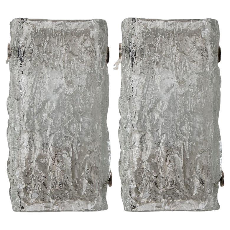 A pair of Rock Textured Glass Silver Wall Lights Kalmar, 1970s For Sale