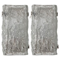 Vintage A pair of Rock Textured Glass Silver Wall Lights Kalmar, 1970s