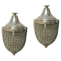 A Pair of Regency Design Acorn Basket Chandeliers With Wire Beaded Sections