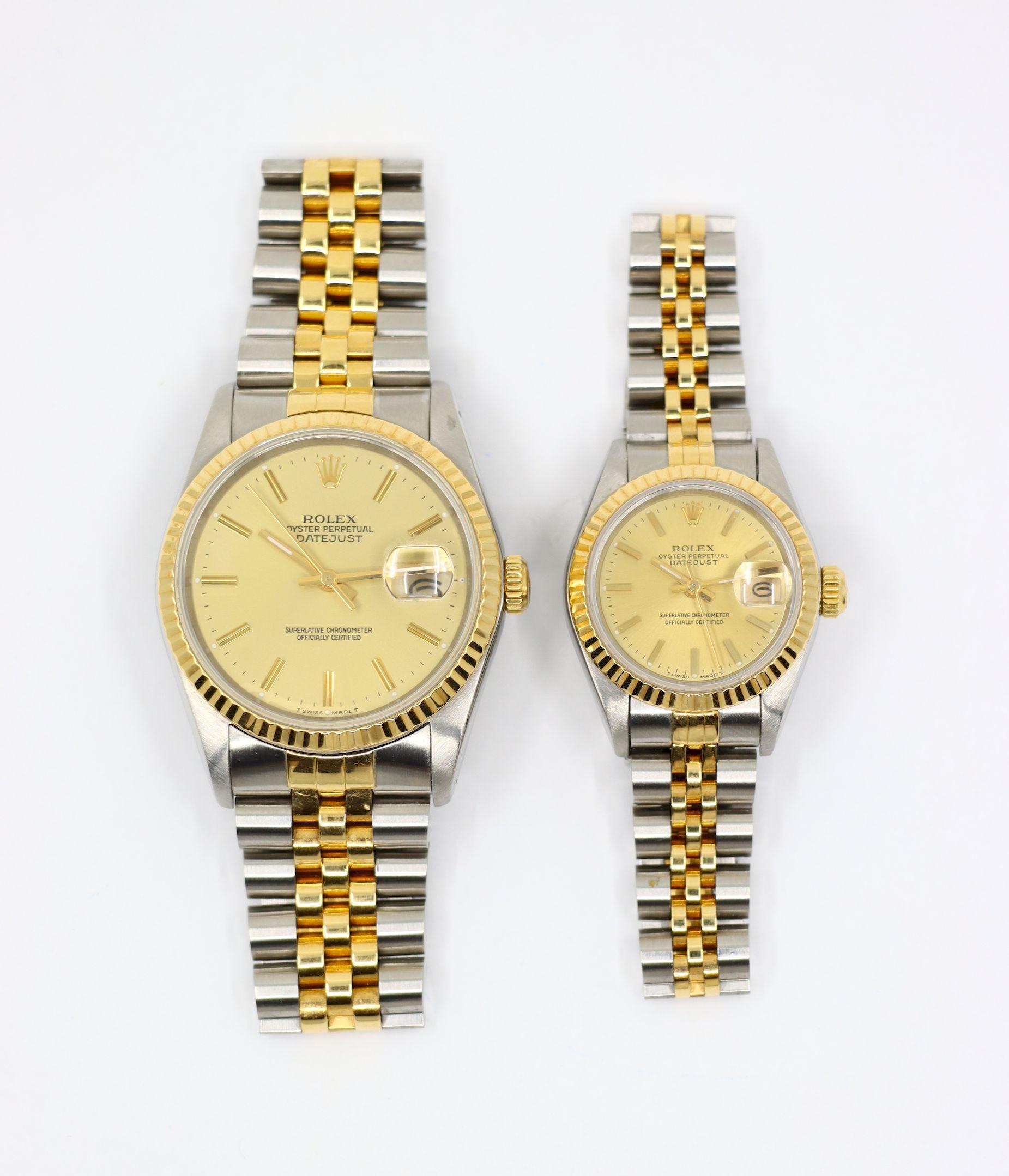 Una coppia di Rolex Oyster Perpetual Datejust in oro 18 carati da uomo e da donna in vendita 2