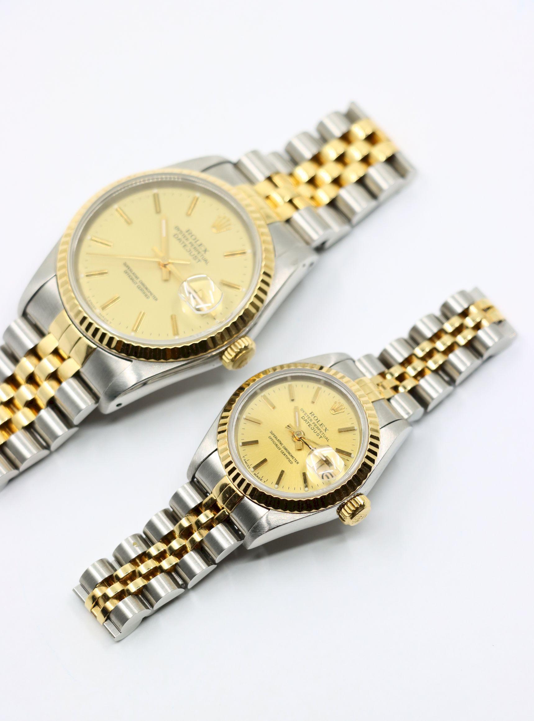 Una coppia di Rolex Oyster Perpetual Datejust in oro 18 carati da uomo e da donna in vendita 4