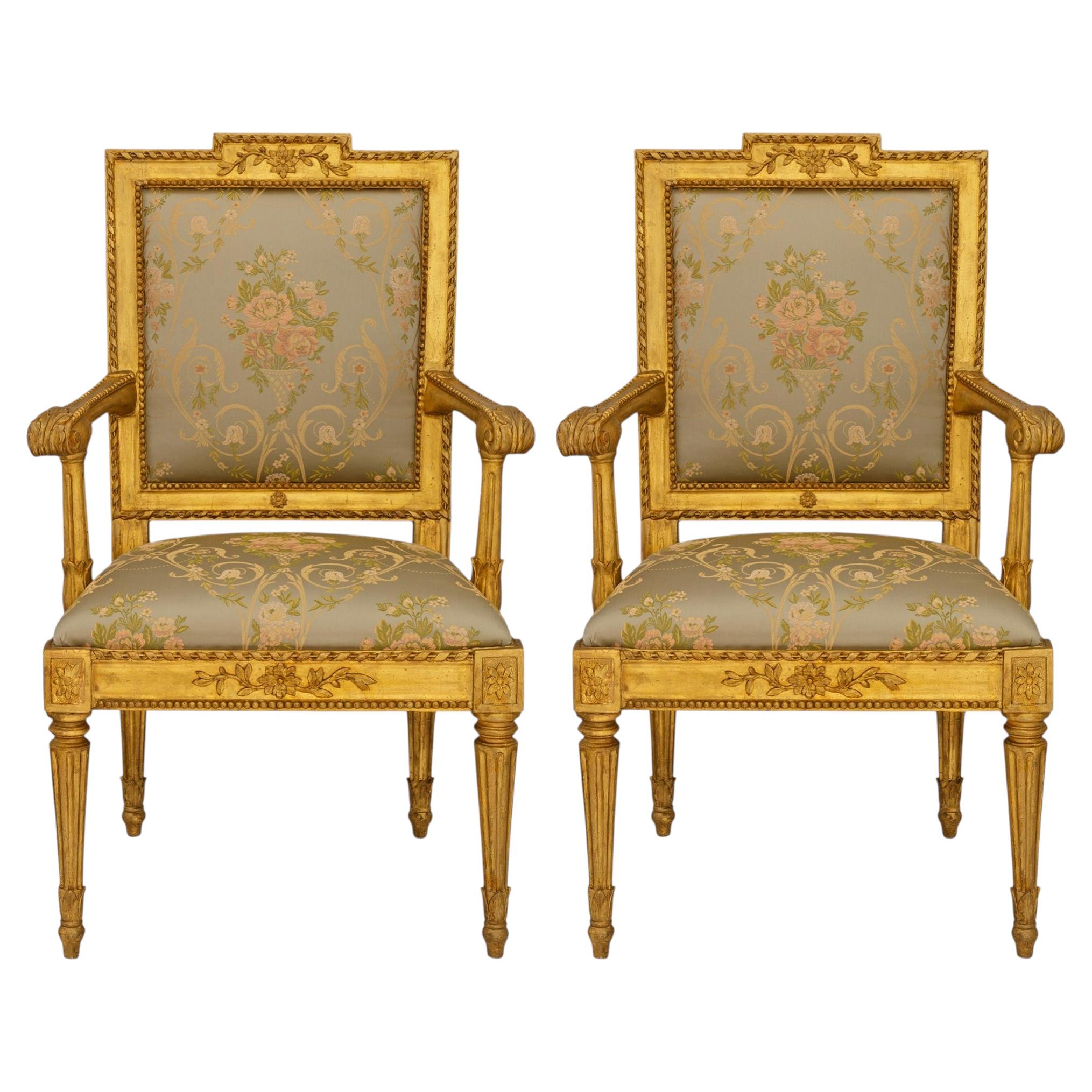 A pair of Roman 18th century Louis XVI Period Giltwood armchairs, circa 1780