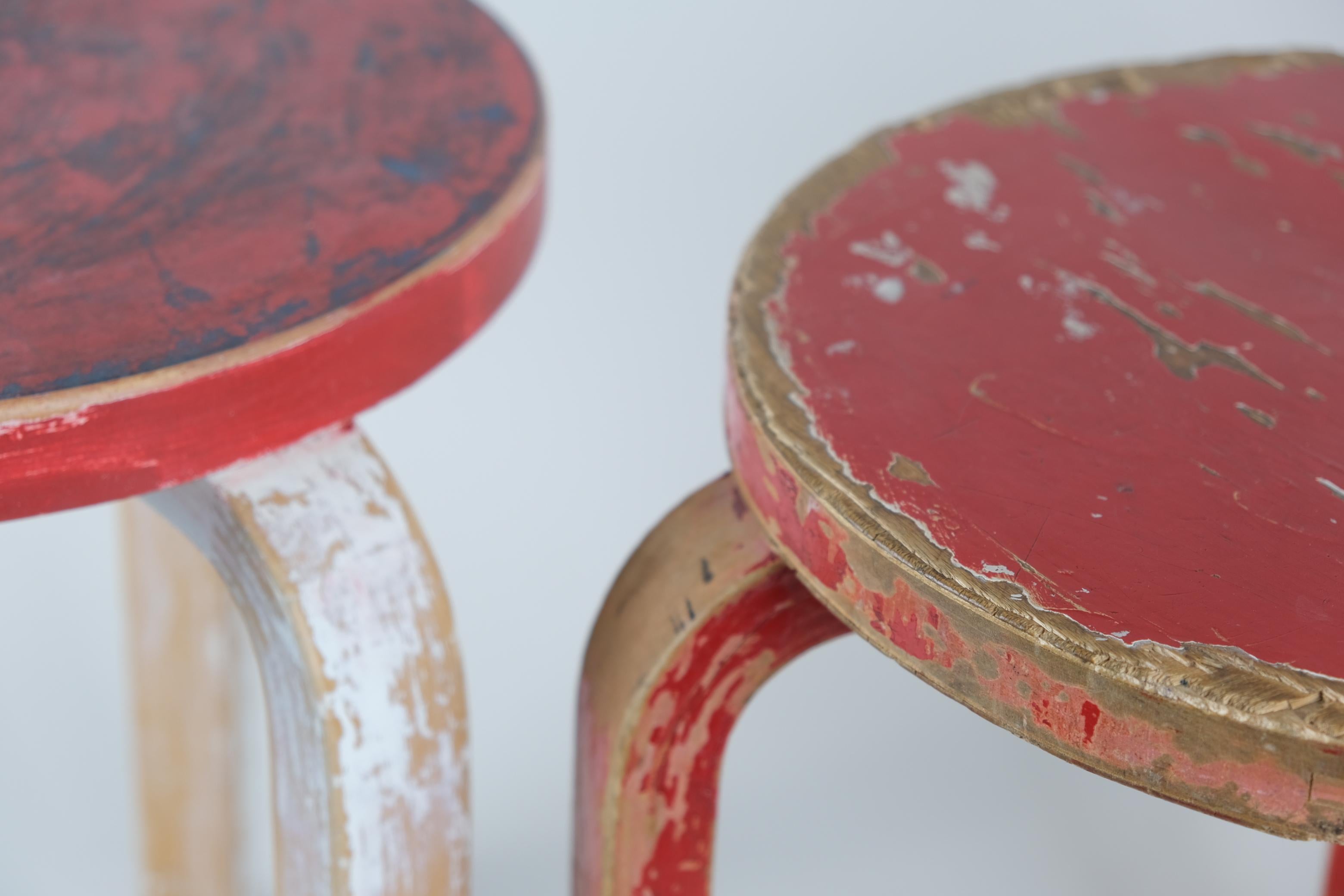 Scandinavian Modern A 'Pair' of Roughly Loved Alvar Aalto Stools Model 60 In Birch, Artek 1950s For Sale