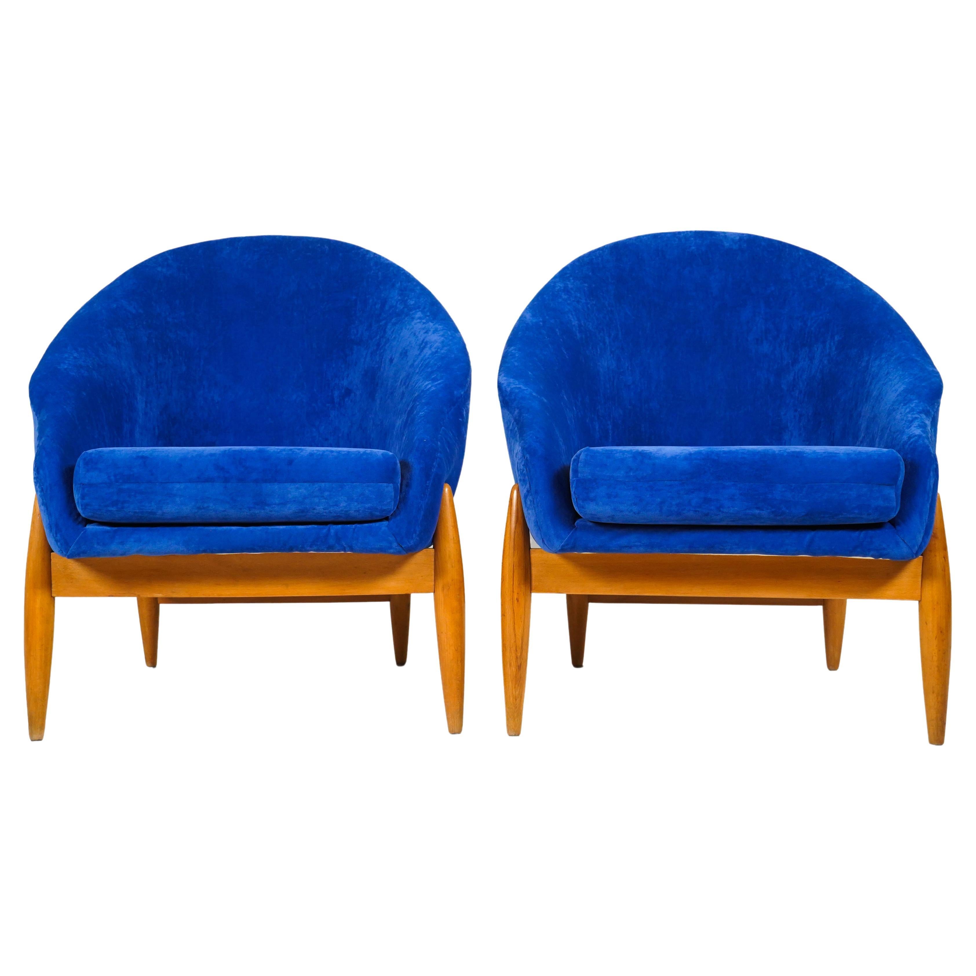 Pair of Round Back Armchairs with Solid Beechwood Legs For Sale