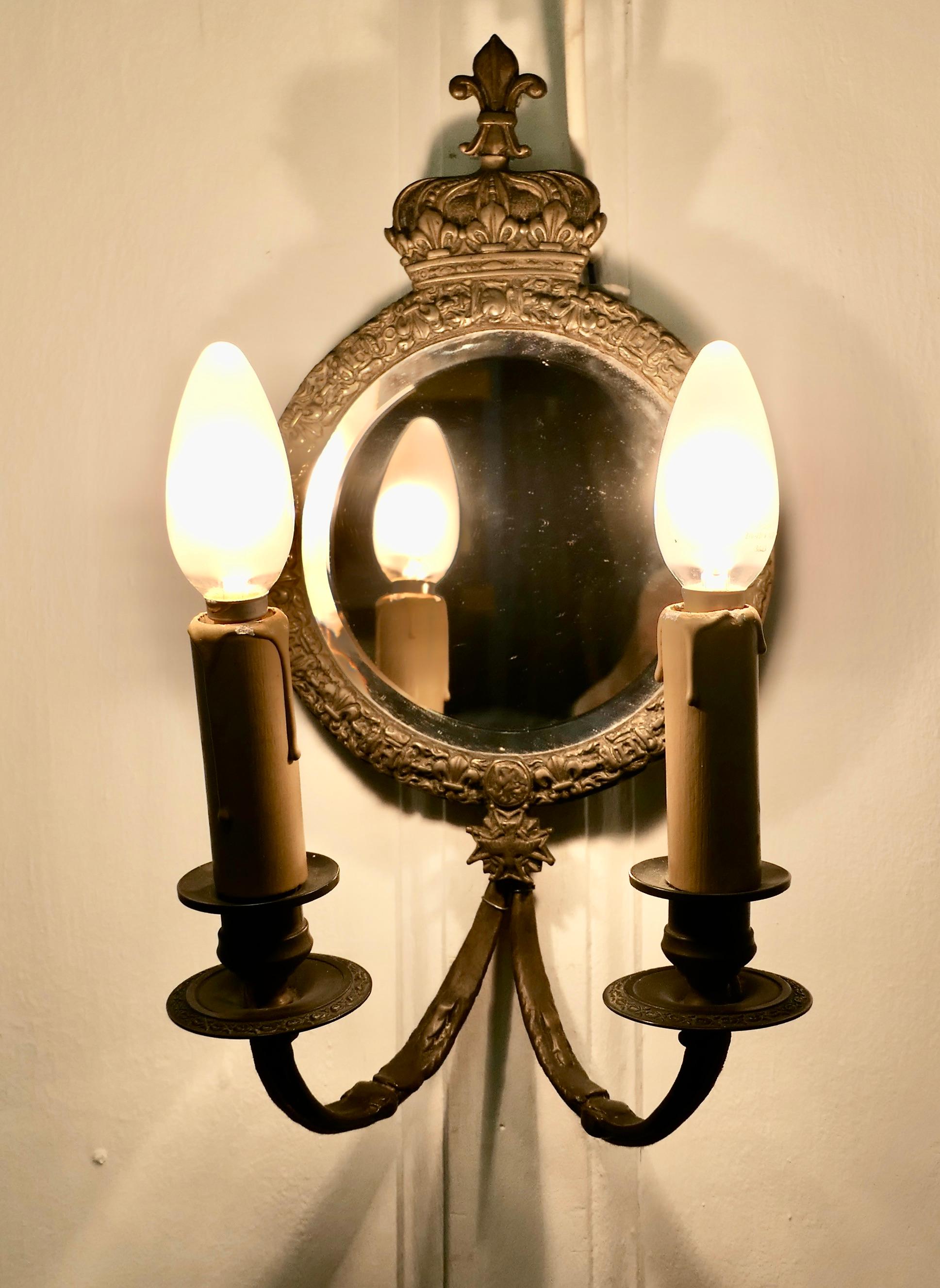 Pair of Round Brass Girandole Wall Mirrors, in a Regal Design 5