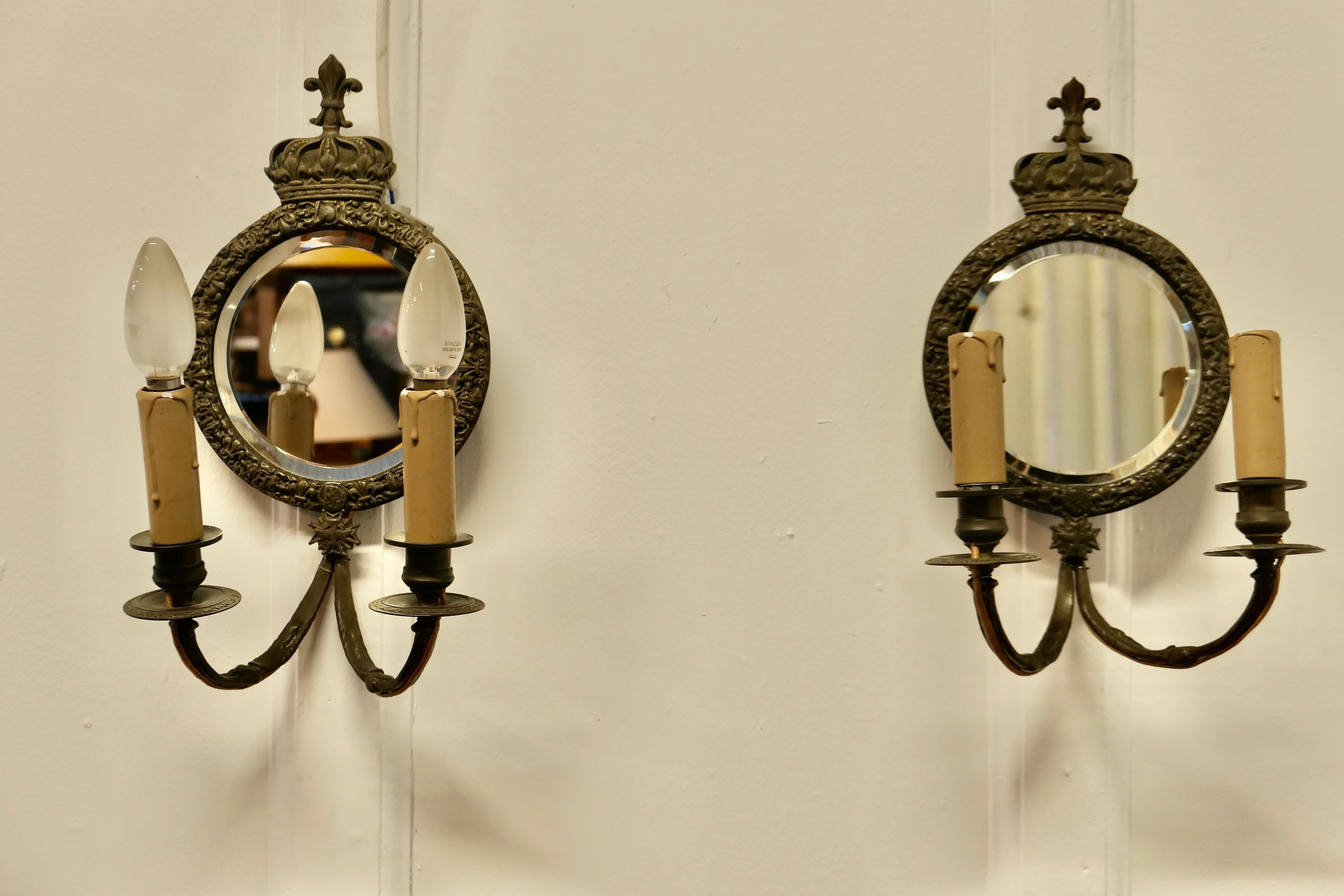 Pair of Round Brass Girandole Wall Mirrors, in a Regal Design 6