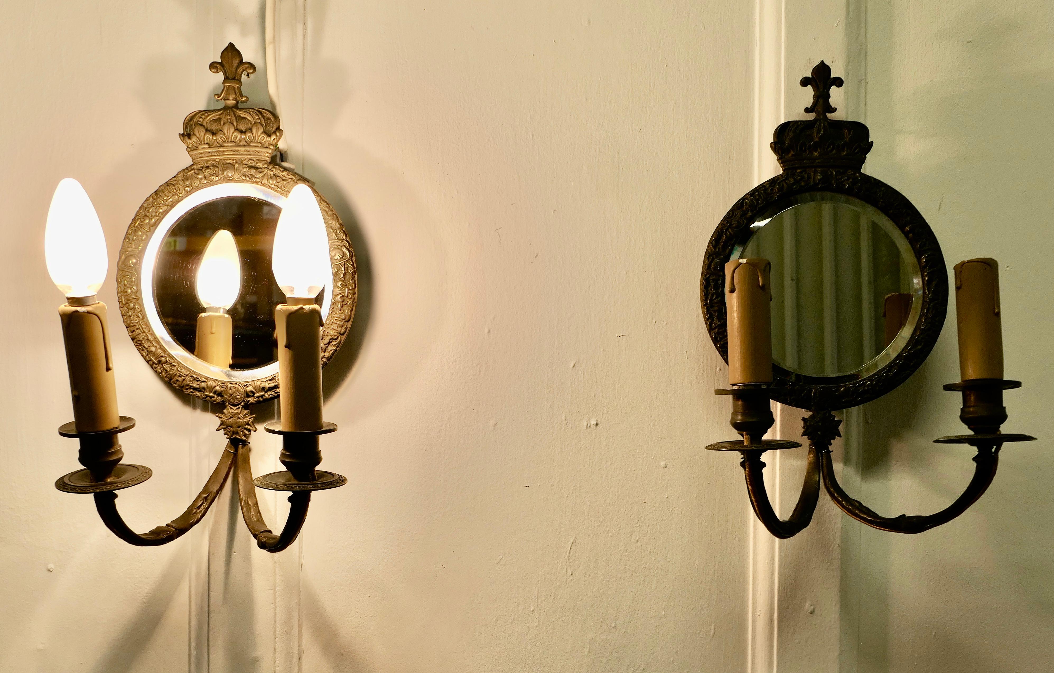 Napoleon III Pair of Round Brass Girandole Wall Mirrors, in a Regal Design