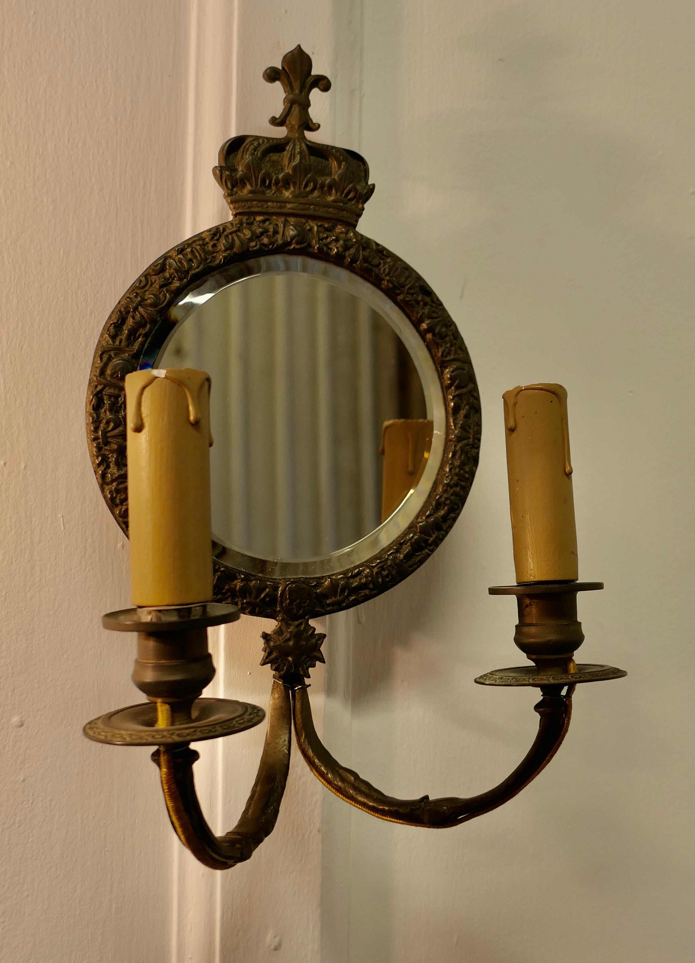 Late 19th Century Pair of Round Brass Girandole Wall Mirrors, in a Regal Design