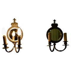 Pair of Round Brass Girandole Wall Mirrors, in a Regal Design