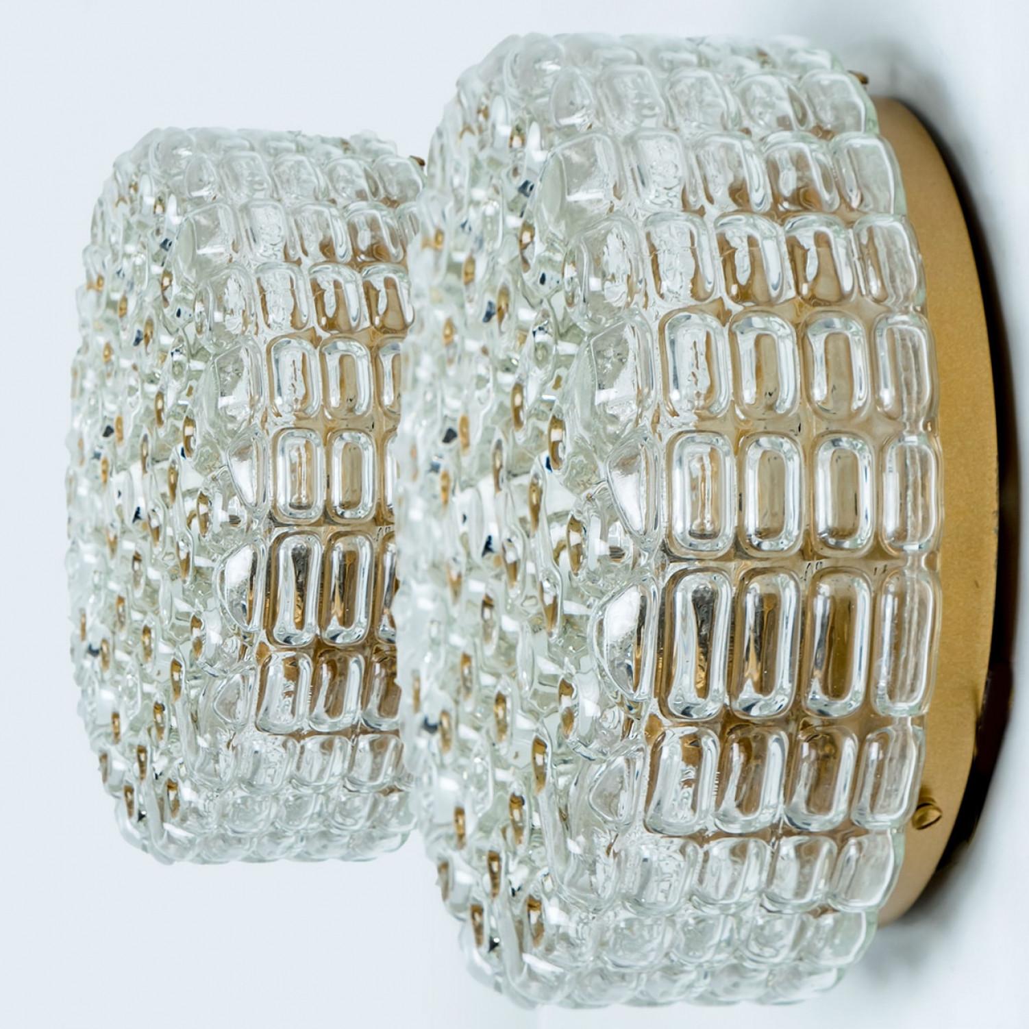 Ein Paar Wandleuchten aus farblosem Glas, entworfen im Stil von Helena Tynell um 1960-1970 in Europa, Deutschland. Das reich strukturierte, blasige Glas gibt einen wunderbaren Glanz. Das runde Glas ist auf einer goldfarbenen Metallrückwand