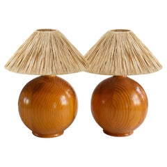 A Pair of Round Designer Table Lamps in Solid Pine from Sweden, 1970s