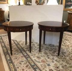 Pair of Round Flame Mahogany Inlaid Side Table by Baker Furniture