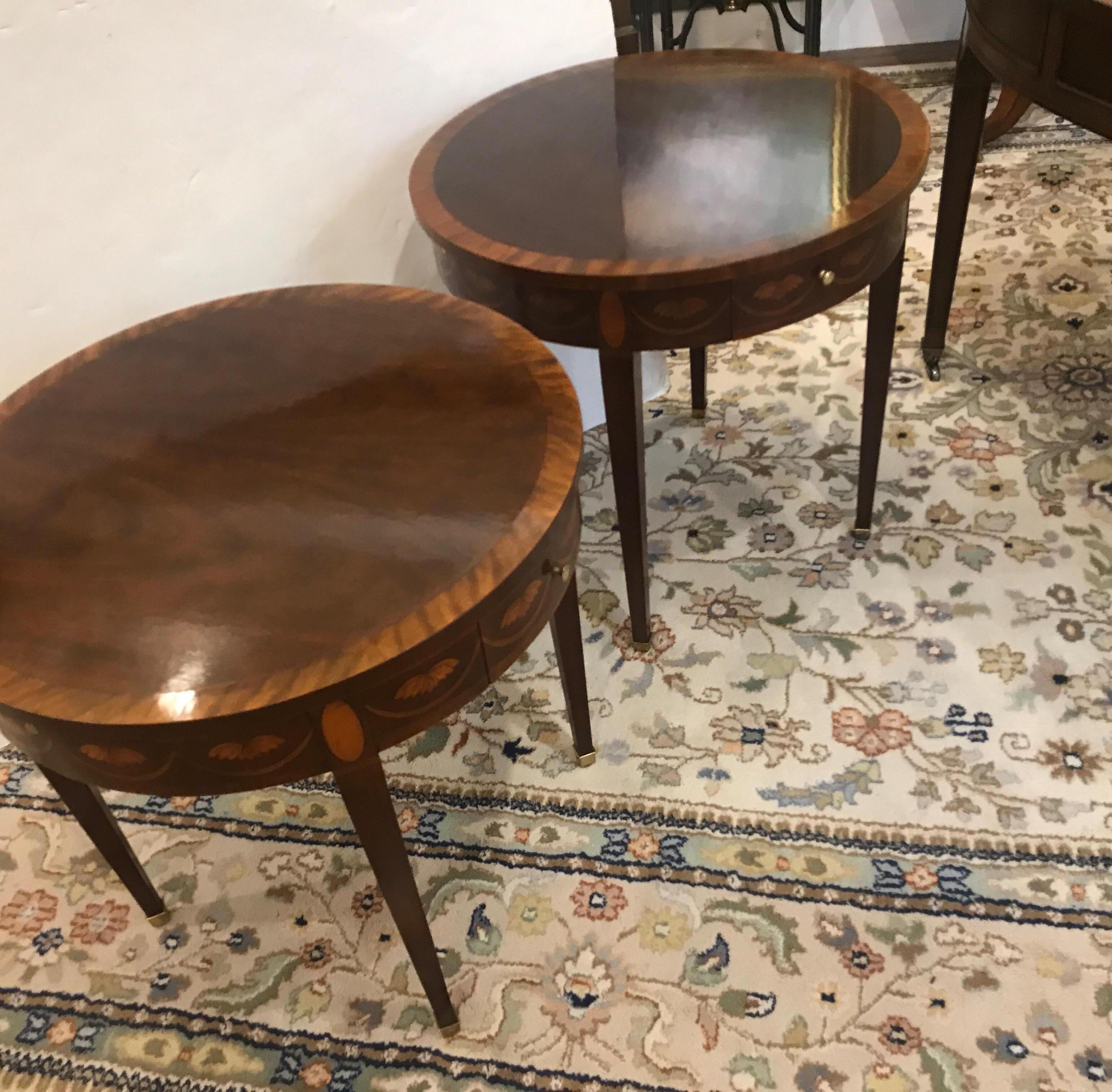 Regency Pair of Round Flame Mahogany Inlaid Side Table by Baker Furniture