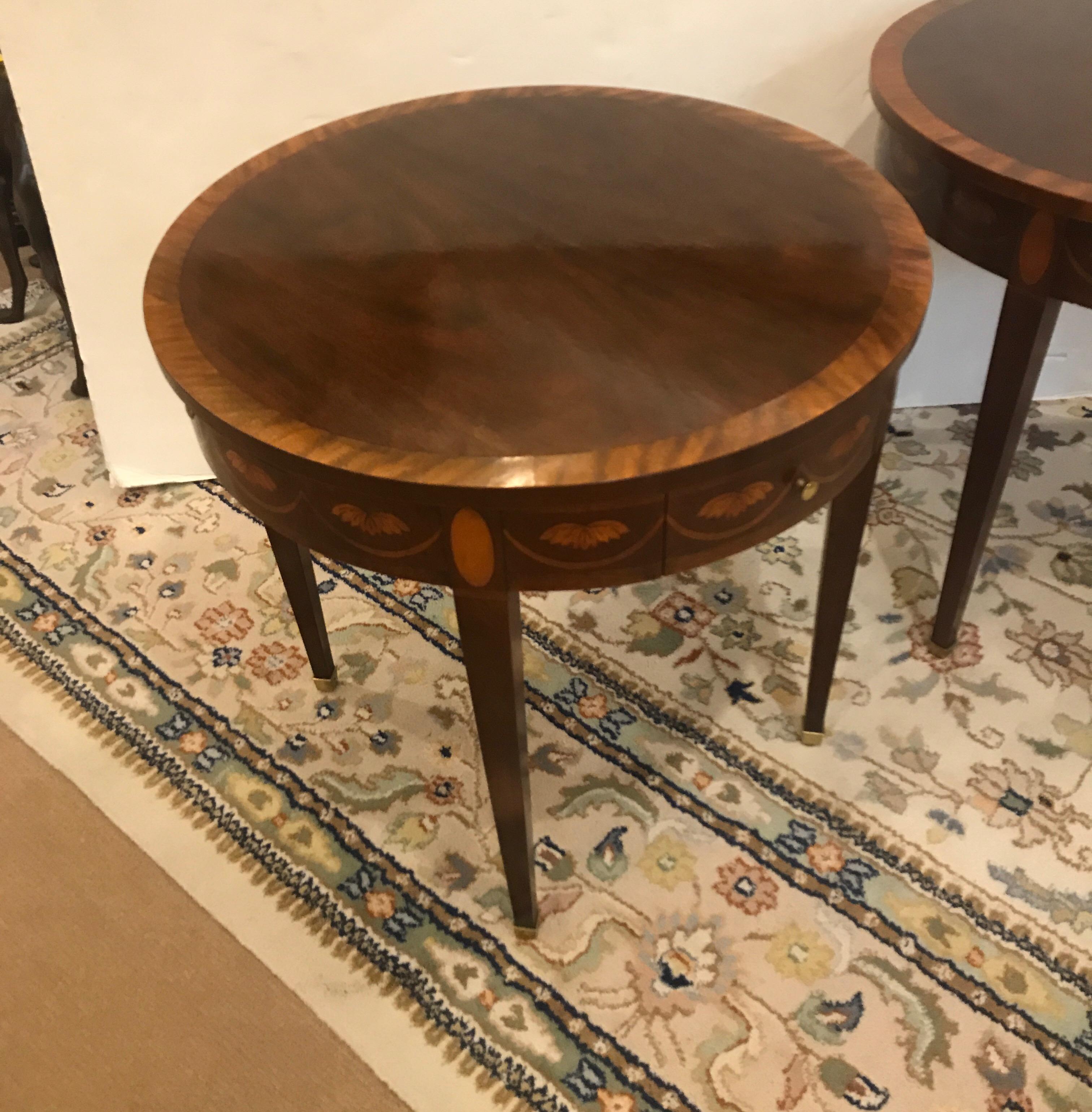 American Pair of Round Flame Mahogany Inlaid Side Table by Baker Furniture