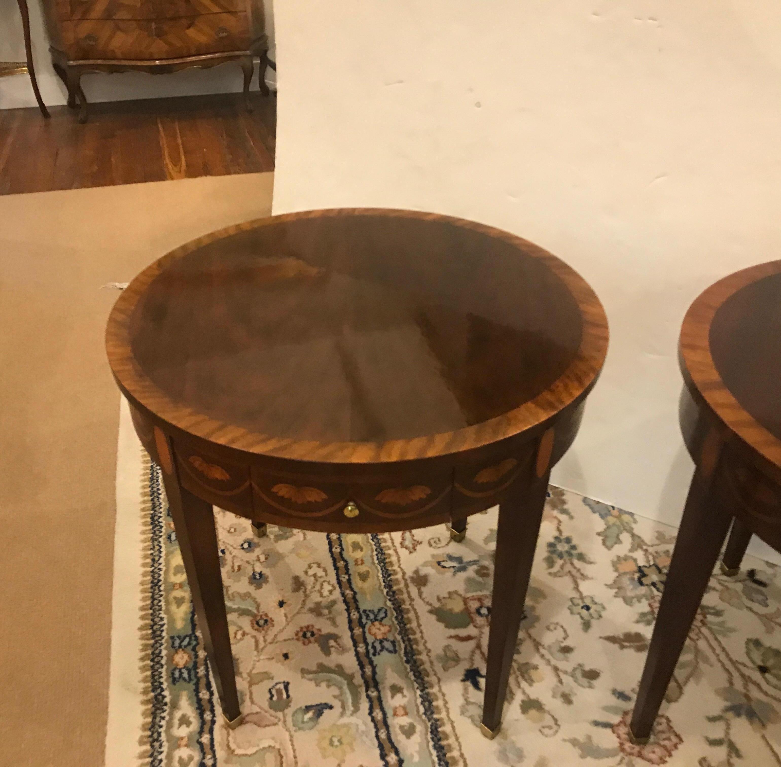 Pair of Round Flame Mahogany Inlaid Side Table by Baker Furniture In Excellent Condition In Lambertville, NJ