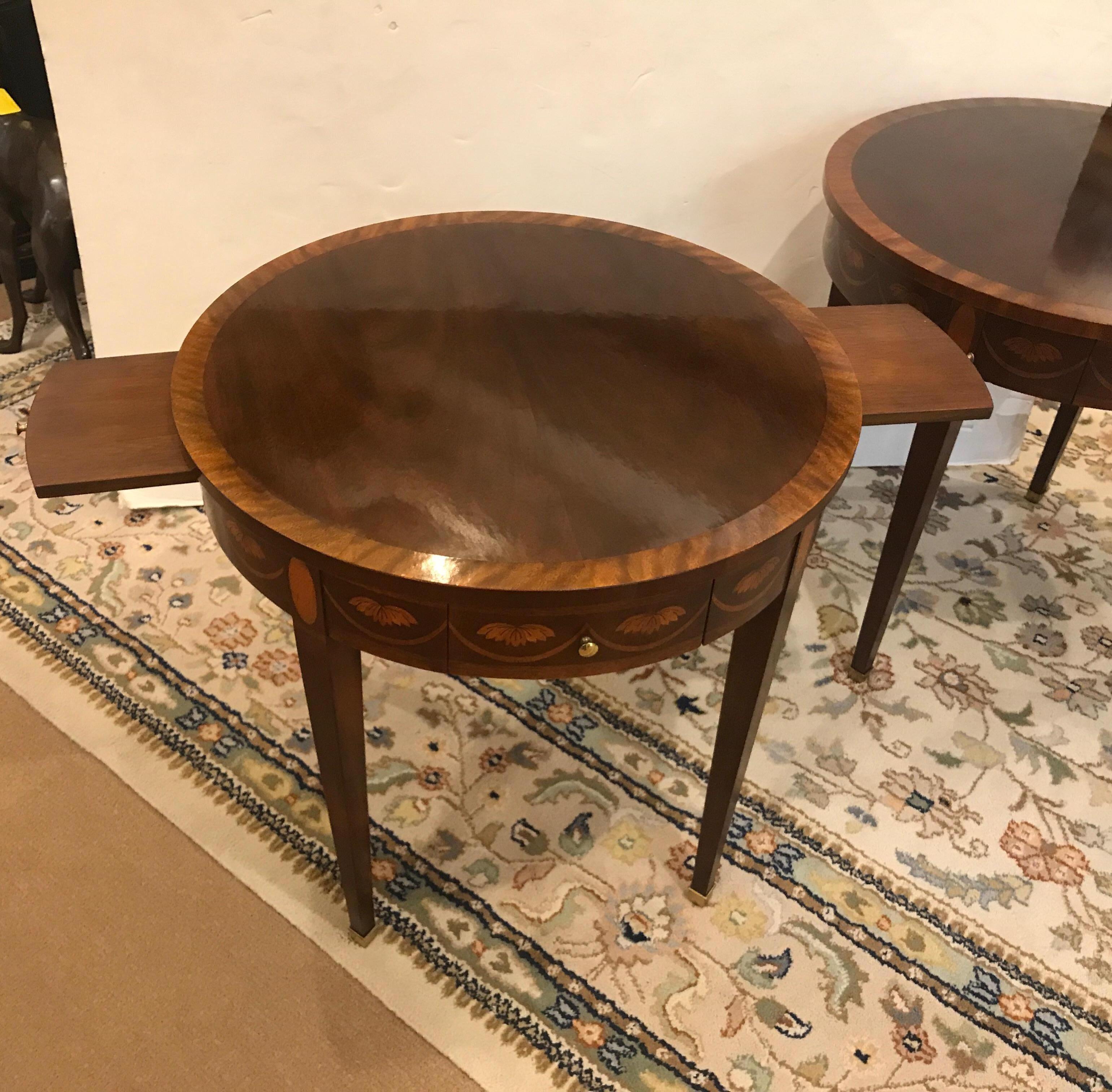 20th Century Pair of Round Flame Mahogany Inlaid Side Table by Baker Furniture