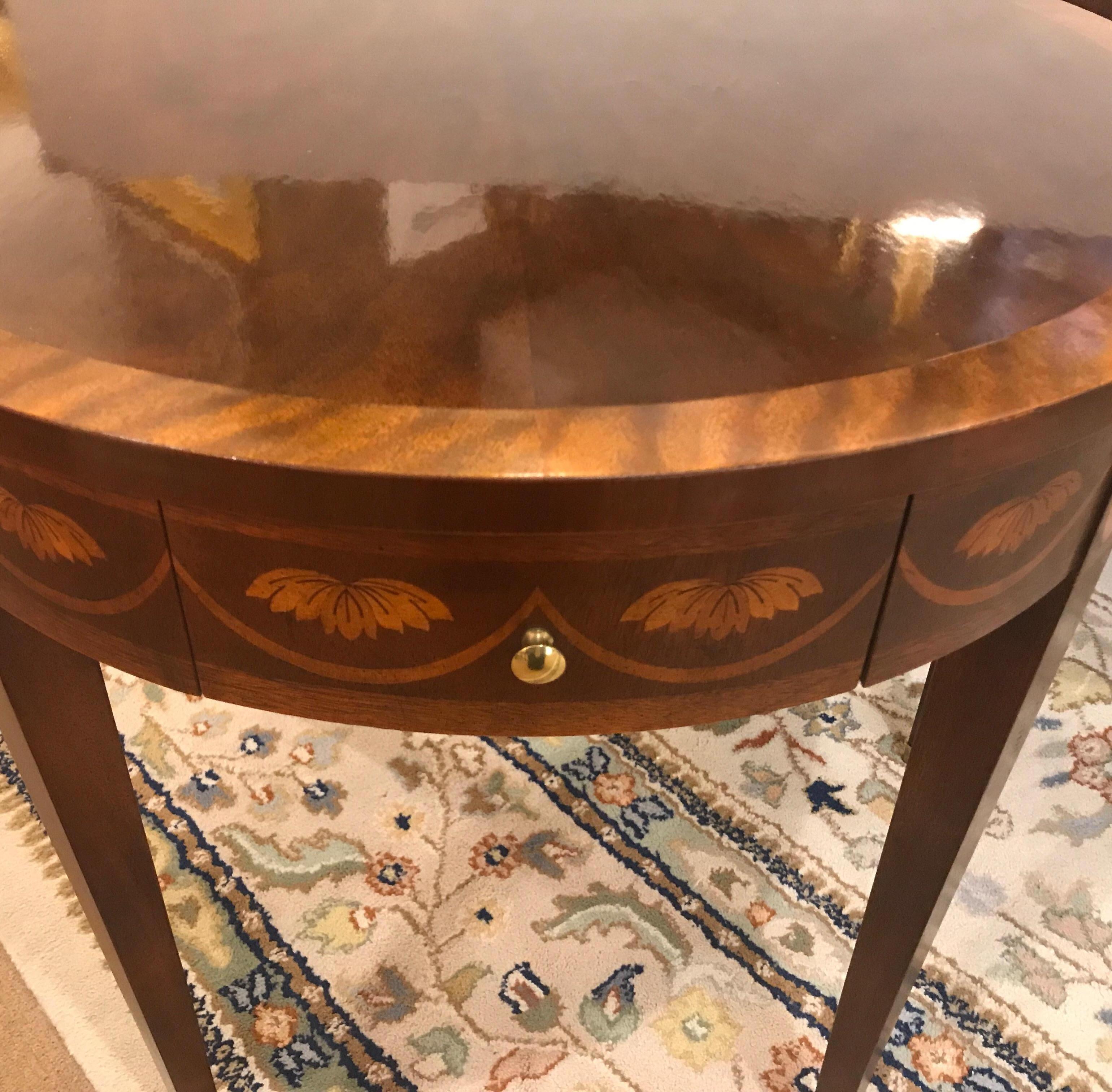 Pair of Round Flame Mahogany Inlaid Side Table by Baker Furniture 1