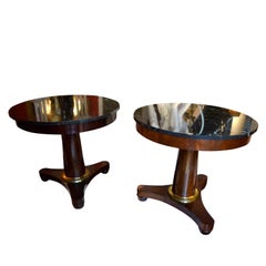 Pair of Round Mahogany Marble Topped French Empire Style Centre Tables