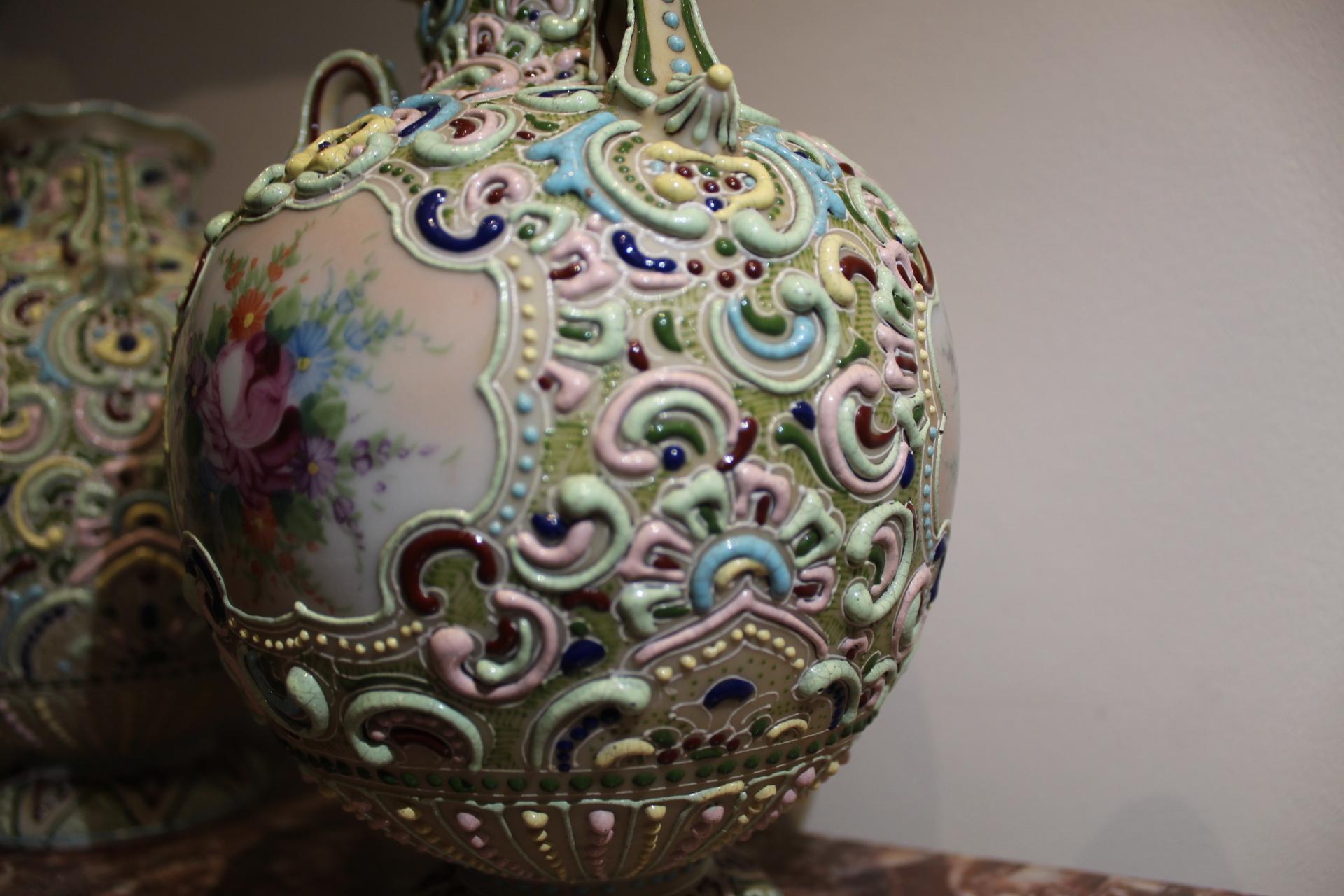 Other Pair of Round Moriage Nippon Vases, Beginning of the 20th Century, Porcelain For Sale