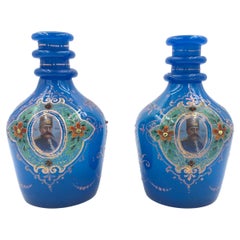 Pair of Royal Blue Opaque Jewelled and Enamelled Bohemian Glass Hookah Bases
