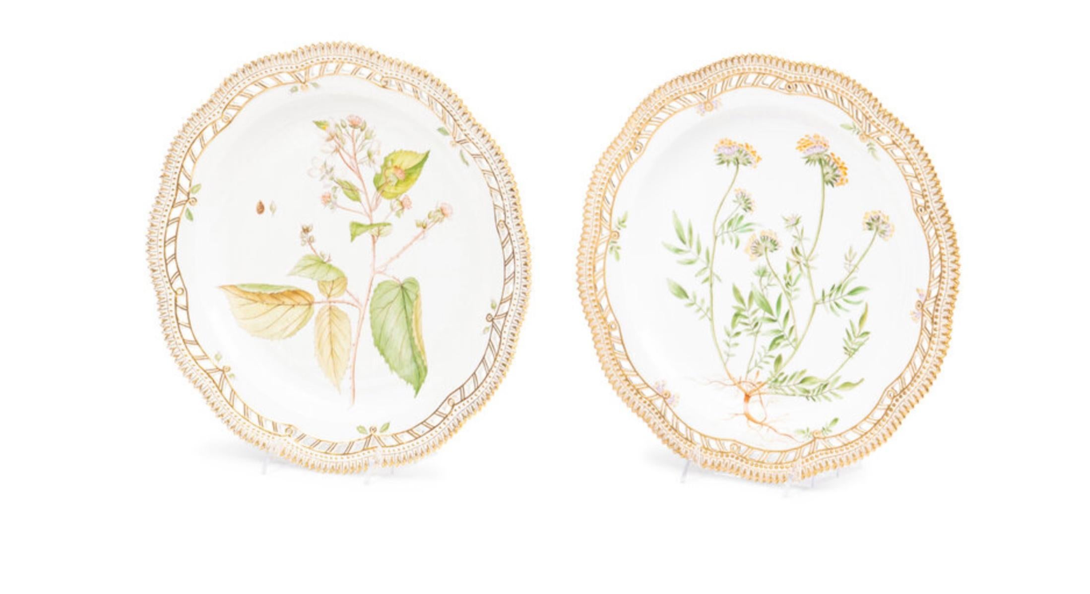 A Pair of Royal Copenhagen Flora Danica Reticulated Porcelain Platters
20th Century, one example marked with crown and three-wave marks; the other with three-wave mark and stamped 'DANMARK'.
Diameter 14 inches..  Price per platter.