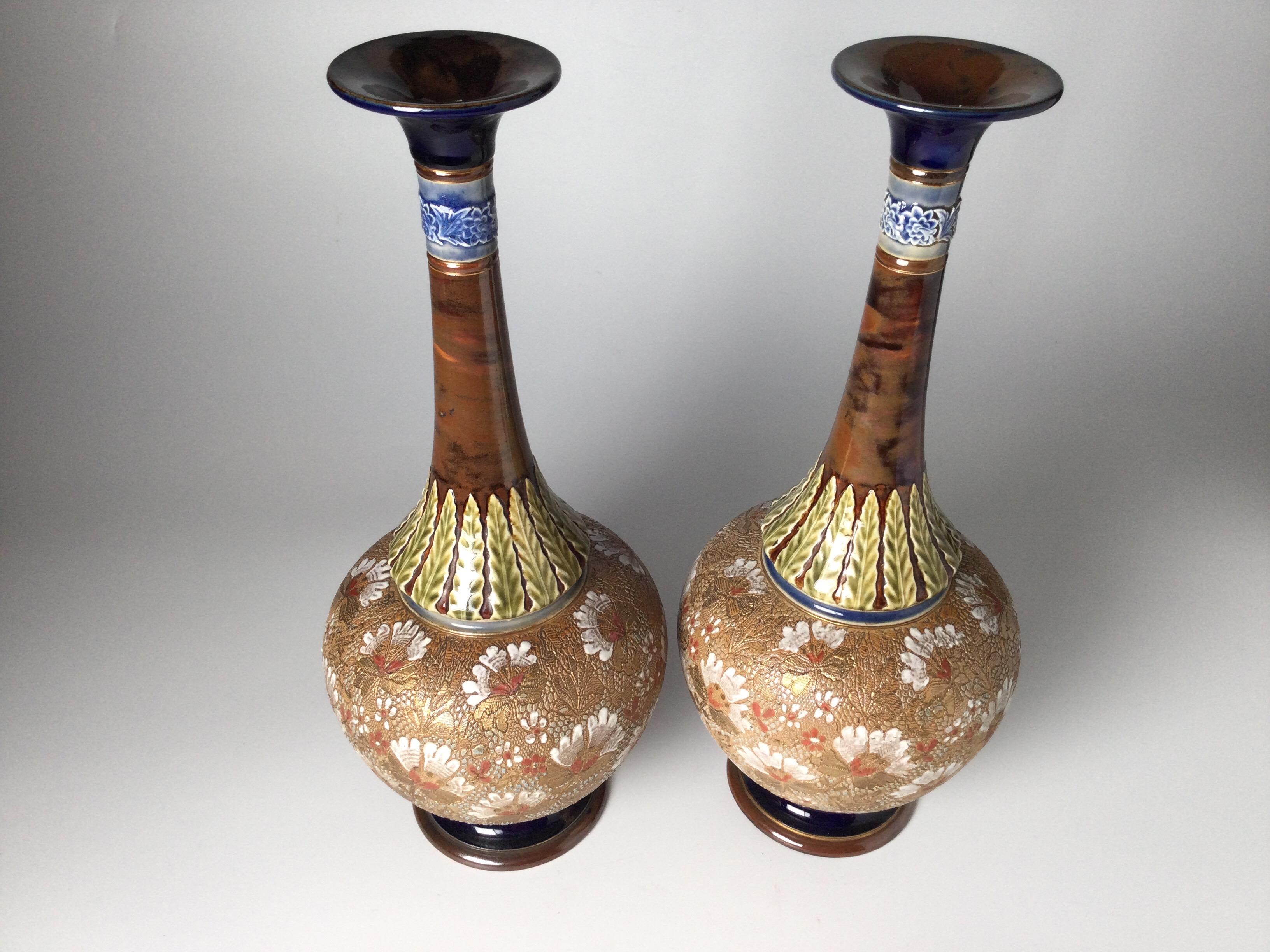 Enamel Pair of Royal Doulton Bruslem Art Nouveau Tall Vases
