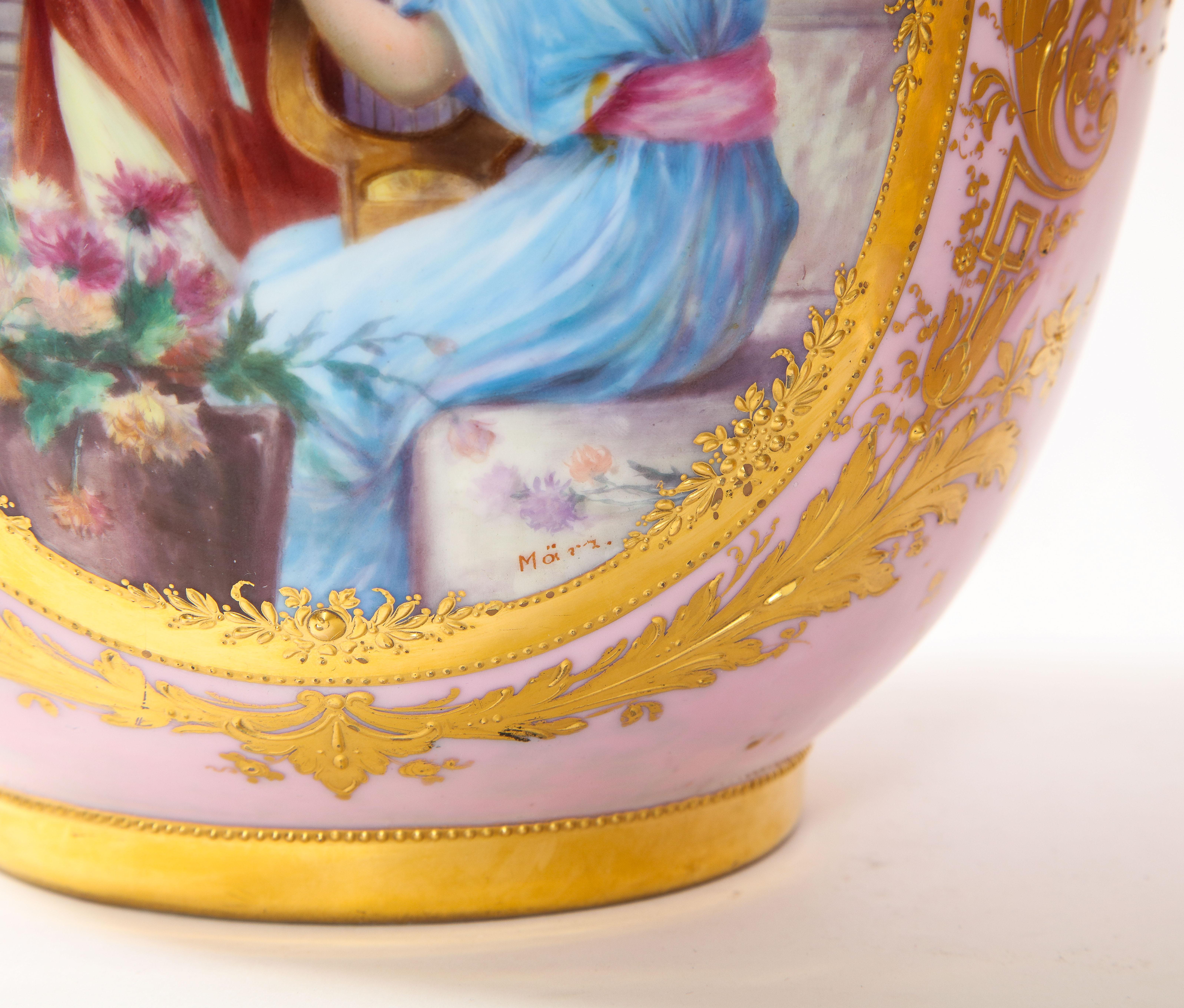 Pair of Royal Vienna Porcelain Iridescent Pink Vases with Neoclassical Scenes For Sale 6