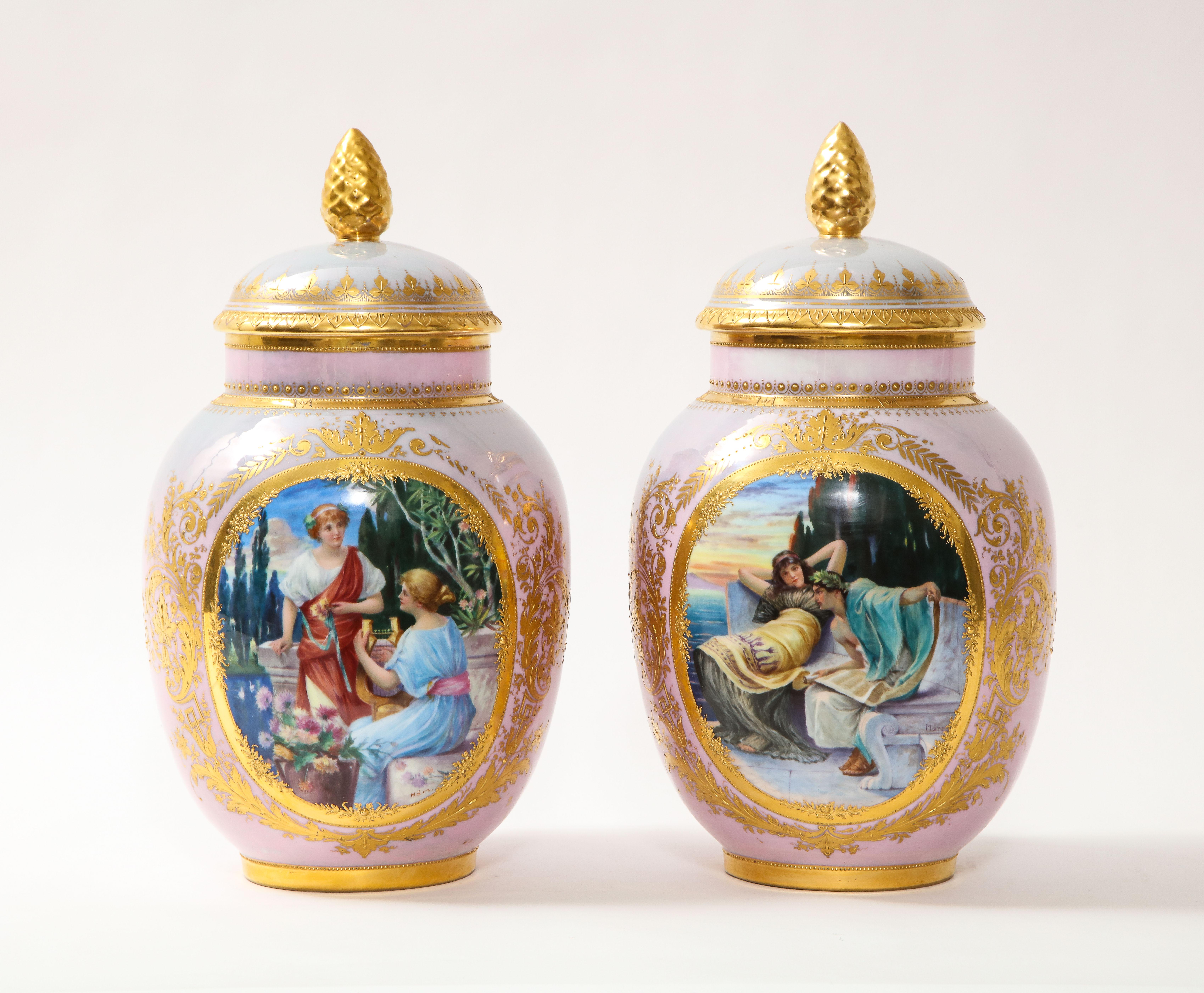 A pair of 19th century Louis XVI Style Royal Vienna Porcelain Iridescent pink vases with neoclassical scenes. Of rounded form these covered vases are spectacular. Each has a particular pink iridescent glow that shines in all lights. They have