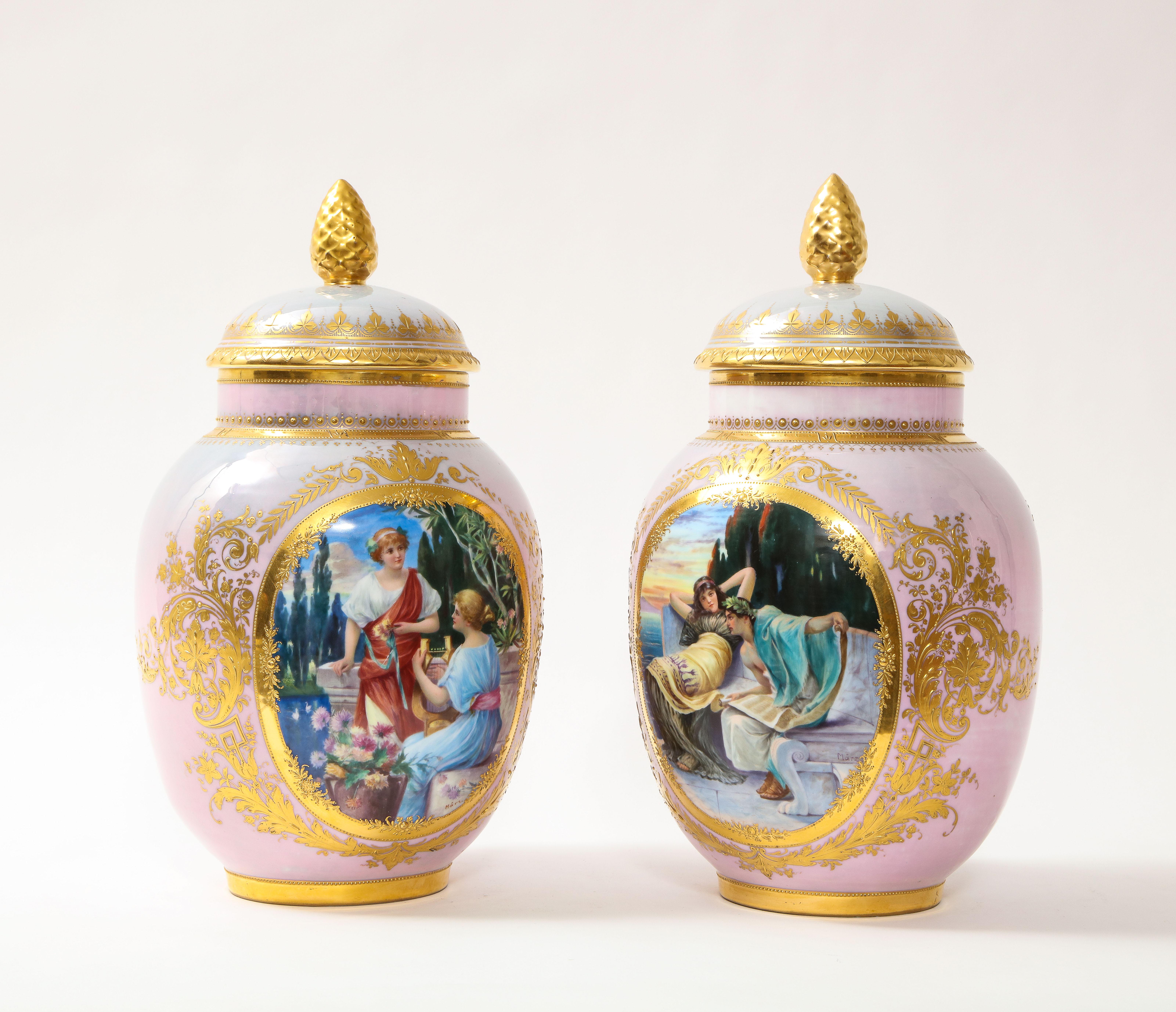 Austrian Pair of Royal Vienna Porcelain Iridescent Pink Vases with Neoclassical Scenes For Sale
