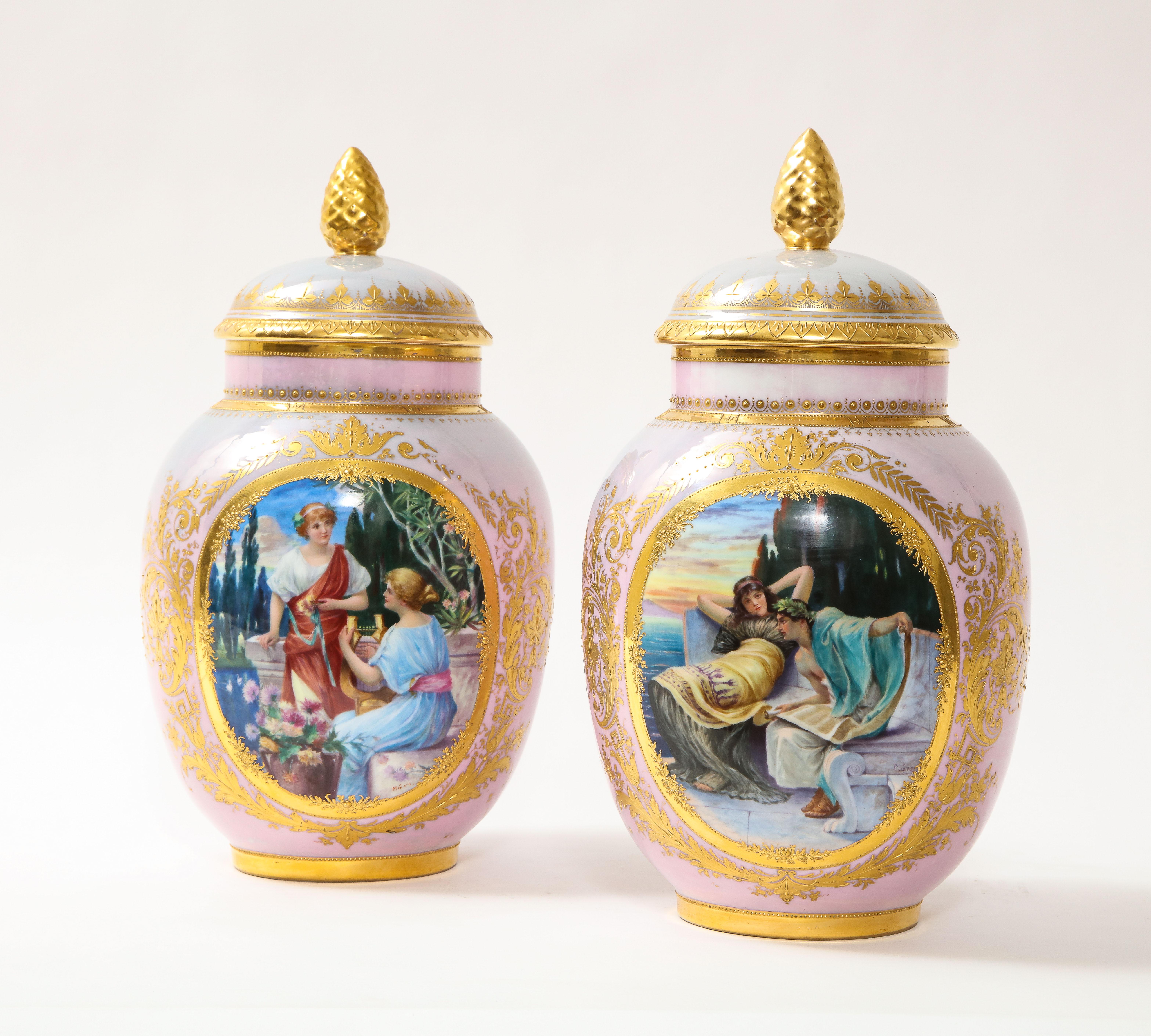 Gilt Pair of Royal Vienna Porcelain Iridescent Pink Vases with Neoclassical Scenes For Sale
