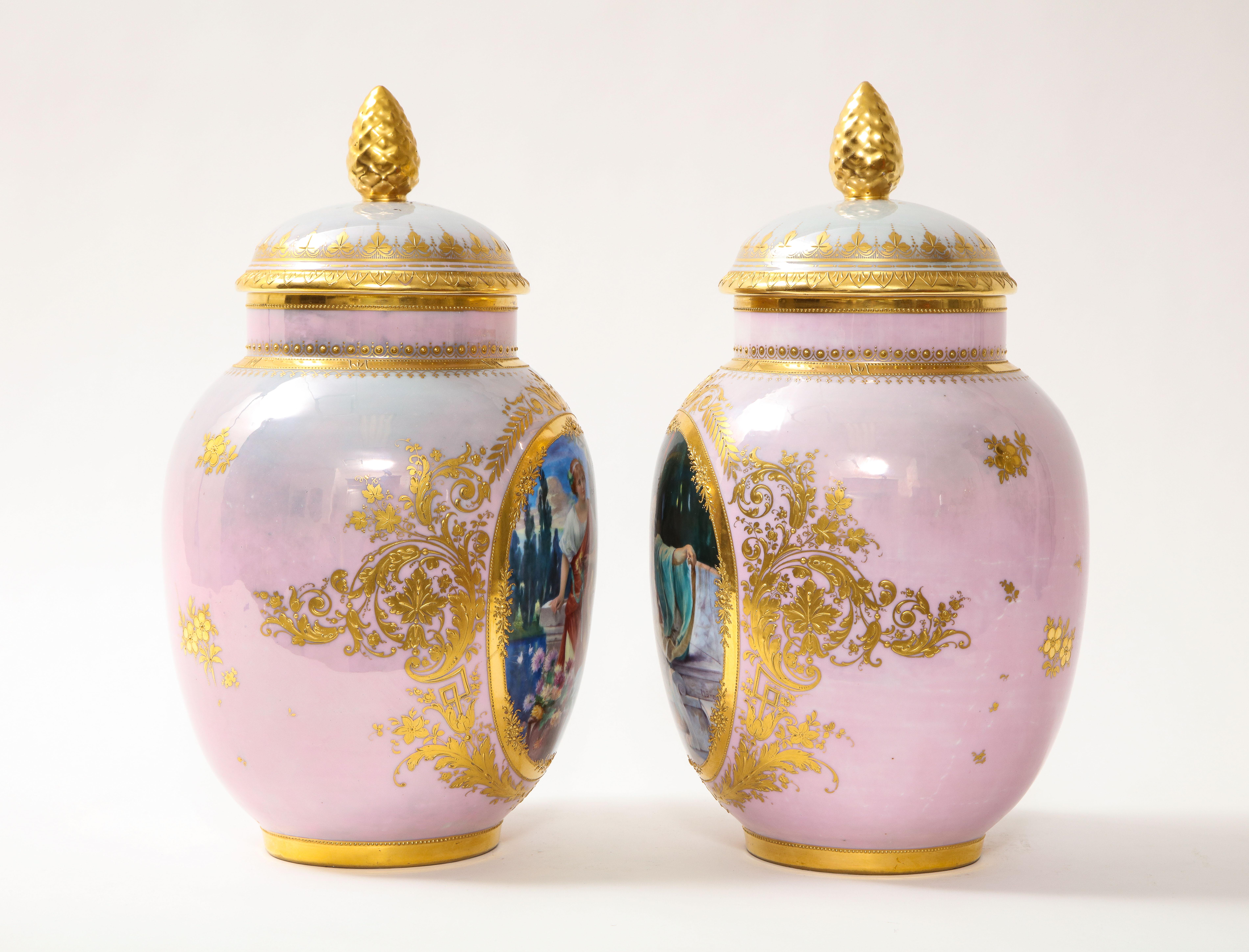 19th Century Pair of Royal Vienna Porcelain Iridescent Pink Vases with Neoclassical Scenes For Sale
