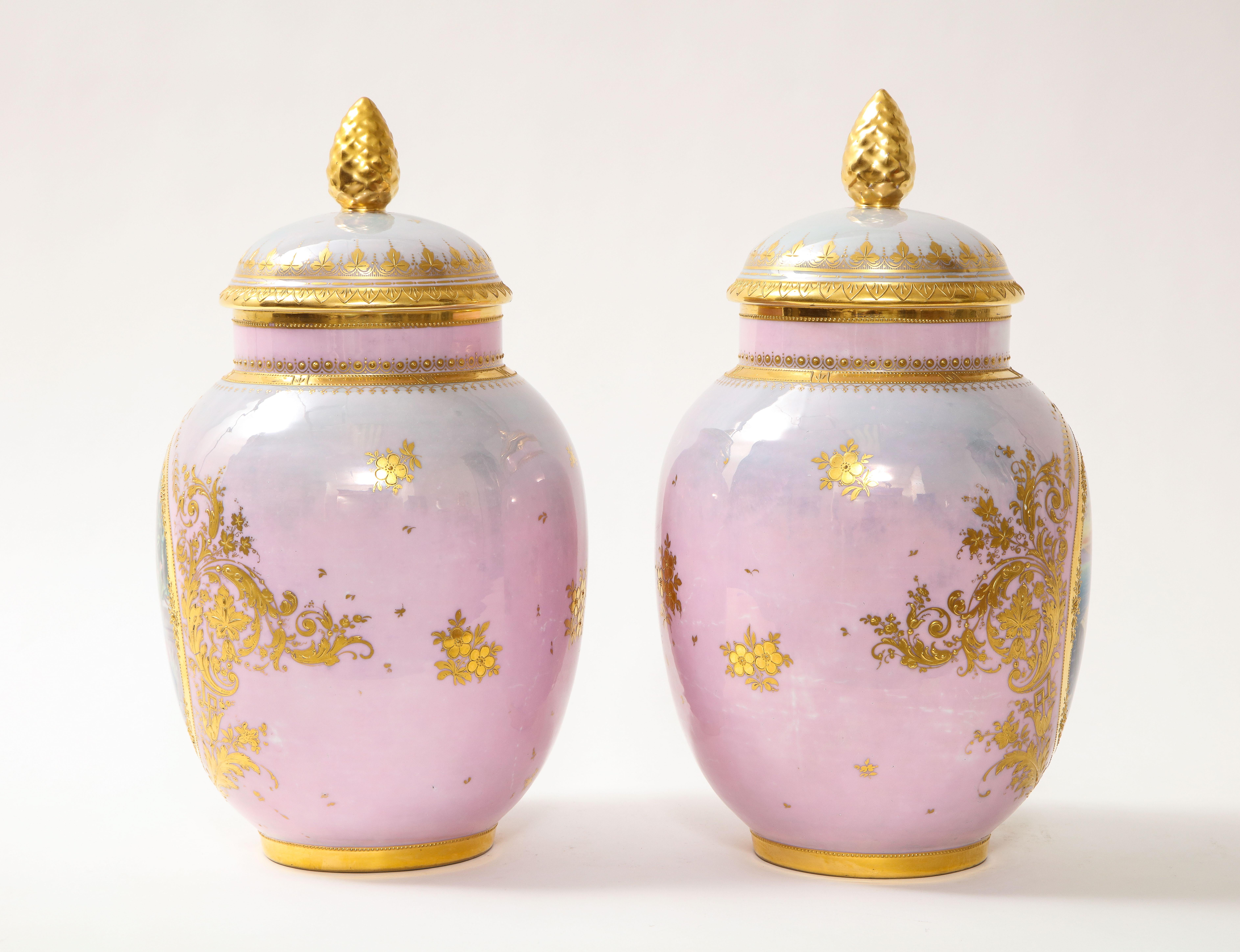 Pair of Royal Vienna Porcelain Iridescent Pink Vases with Neoclassical Scenes For Sale 1