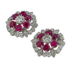 Pair of Ruby and Diamond Cluster Earrings