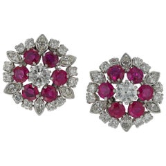 Vintage Pair of Ruby and Diamond Cluster Earrings