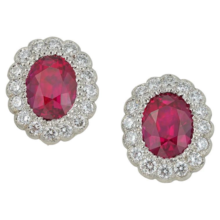 Pair of Ruby and Diamond Cluster Earrings