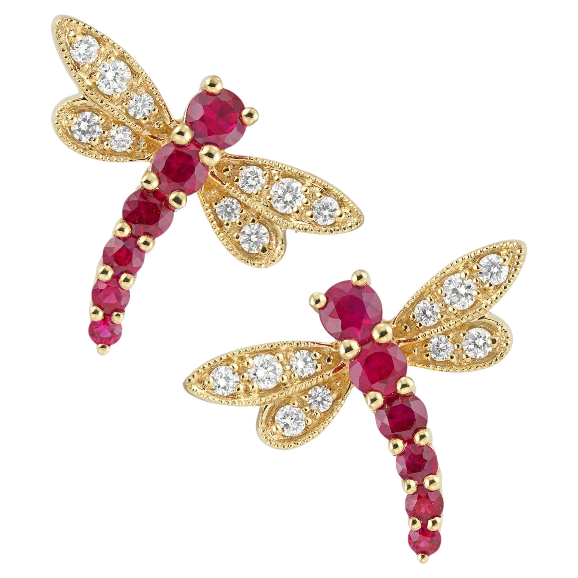 A pair of ruby and diamond dragonfly earrings