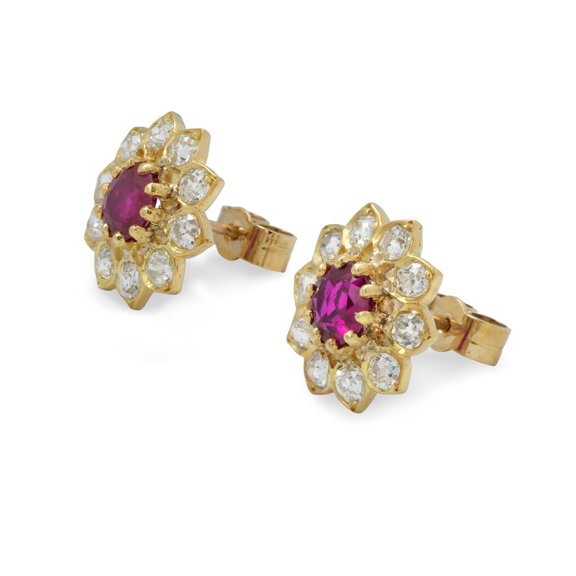 Modern A Pair Of Ruby And Diamond Floral Cluster Stud Earring For Sale