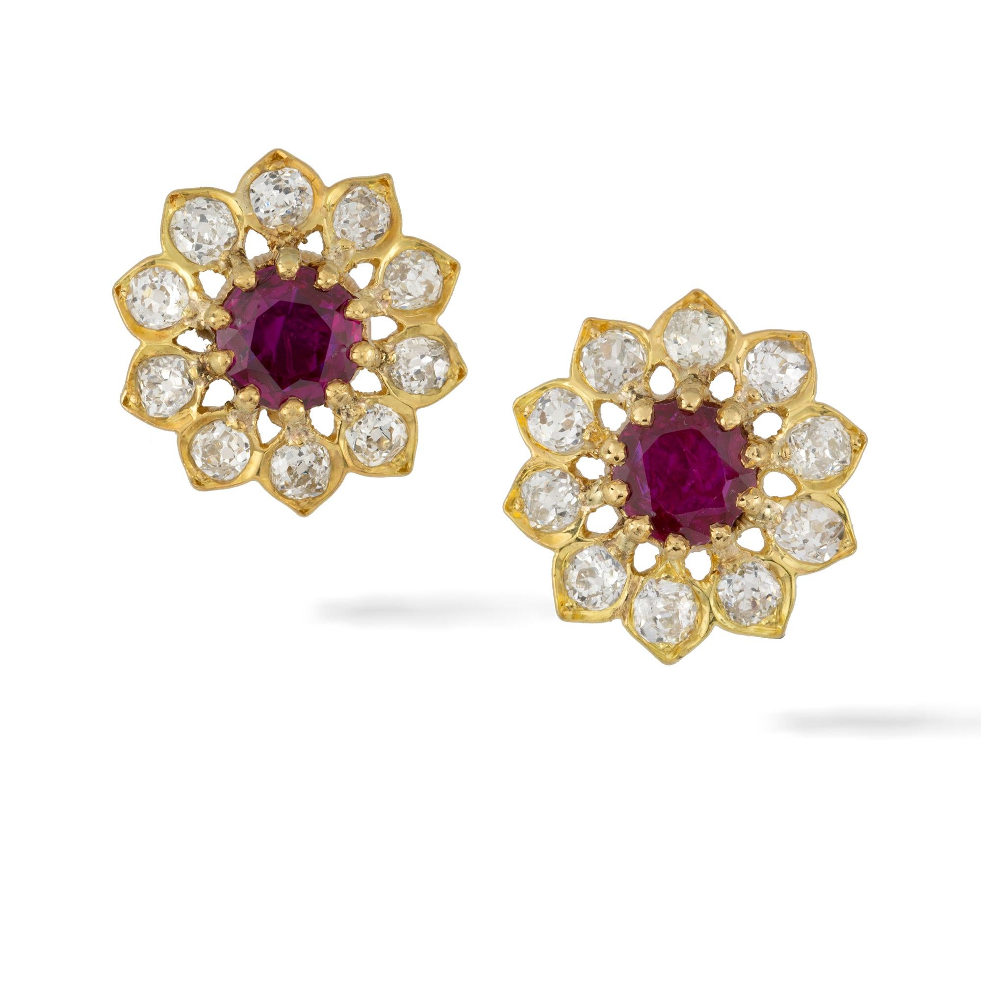 Round Cut A Pair Of Ruby And Diamond Floral Cluster Stud Earring For Sale
