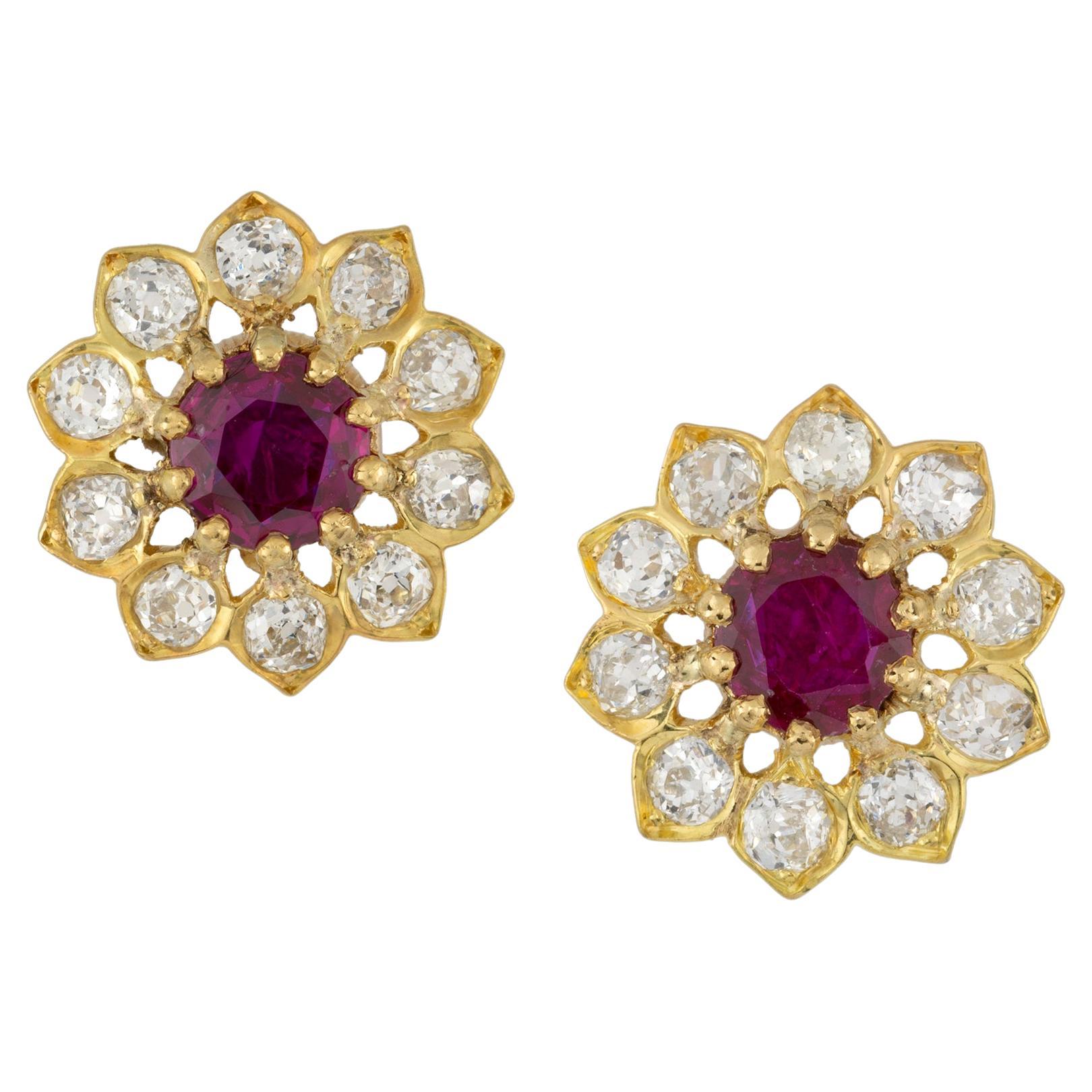 A Pair Of Ruby And Diamond Floral Cluster Stud Earring For Sale