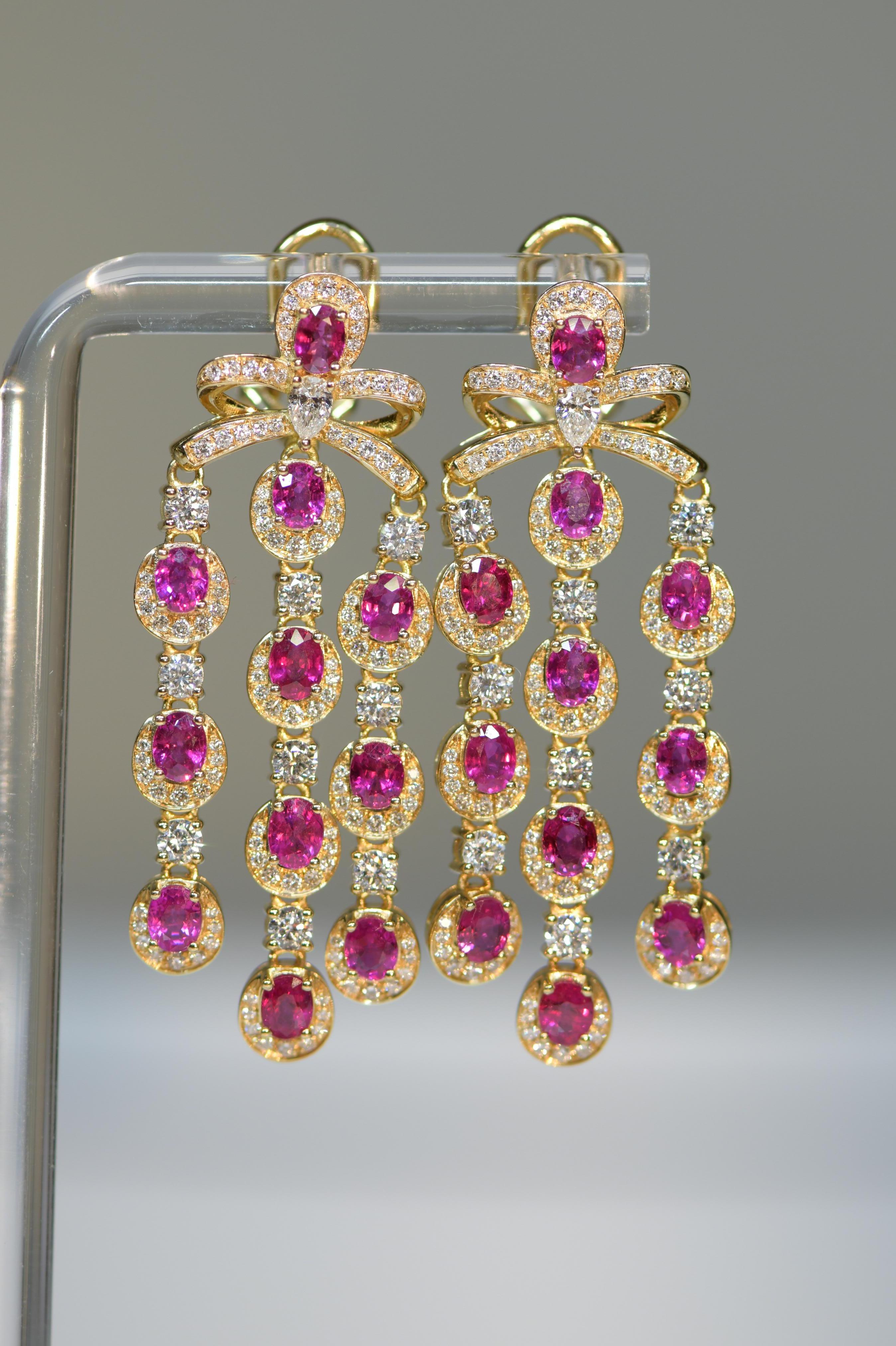 Oval Cut Pair of Ruby and Diamond Gold Drop Earrings