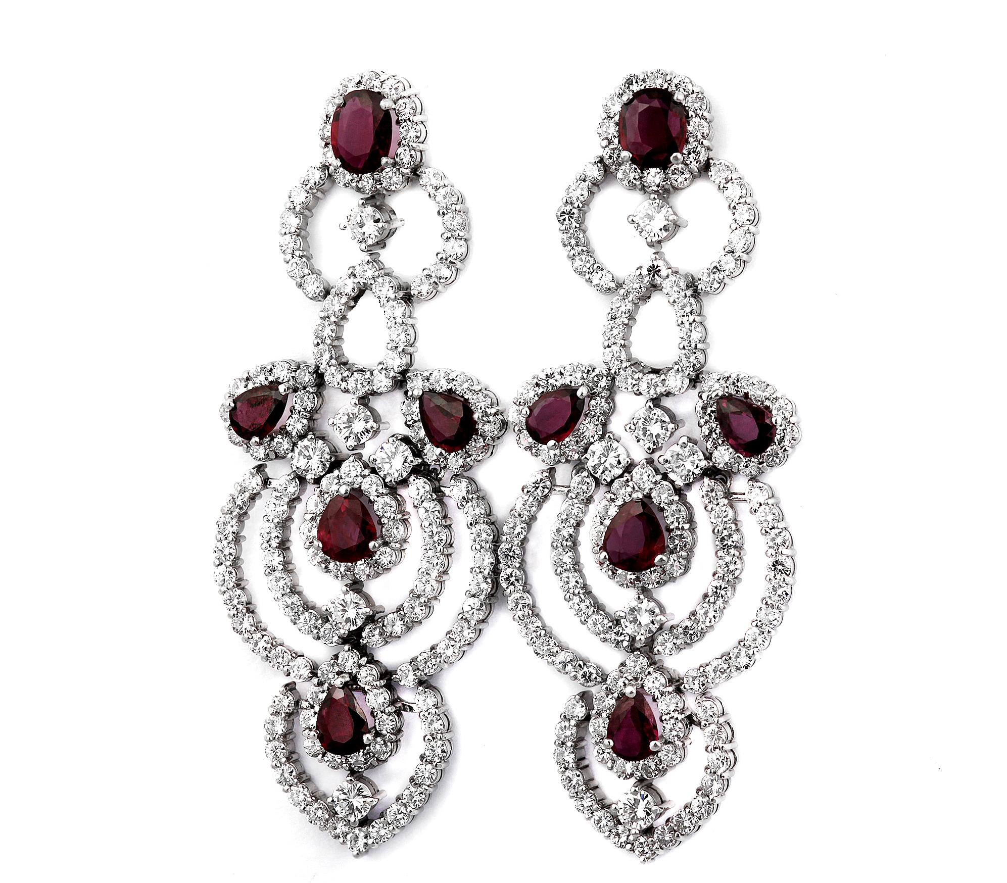 Brilliant Cut Retro Pair of Ruby & Diamond Drop/Chandelier Earrings in 18K White Gold