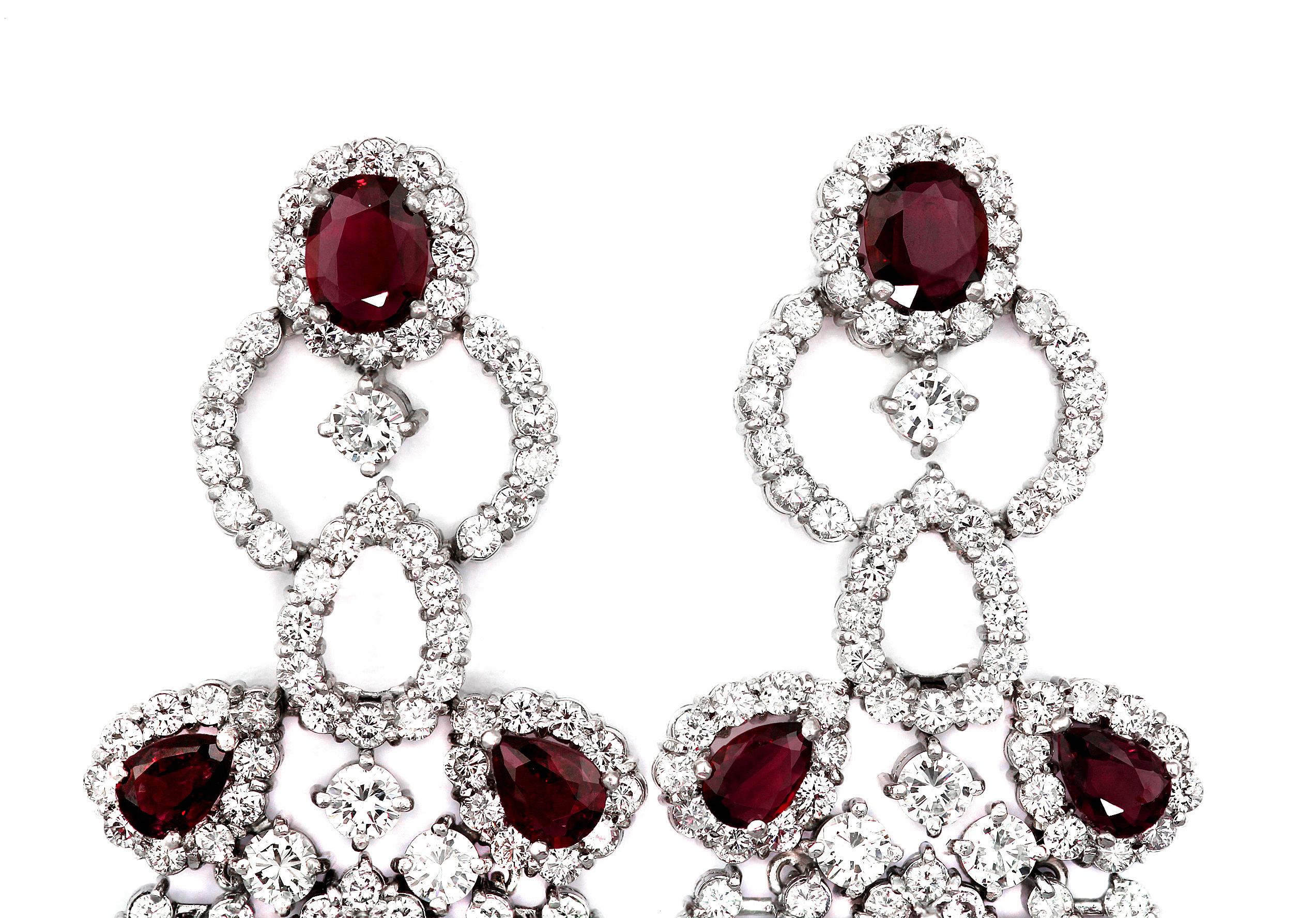 Women's Retro Pair of Ruby & Diamond Drop/Chandelier Earrings in 18K White Gold