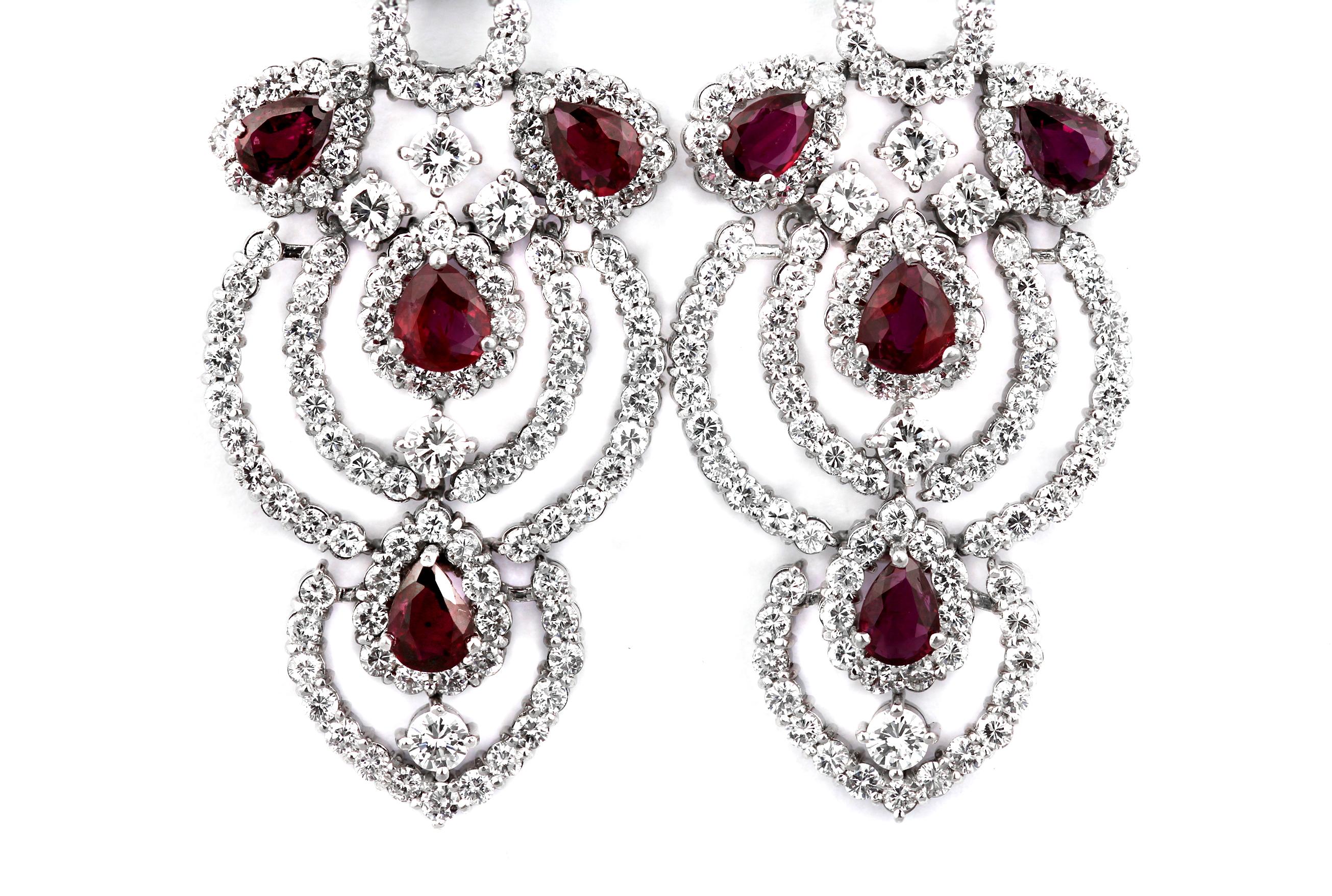 Retro Pair of Ruby & Diamond Drop/Chandelier Earrings in 18K White Gold 1