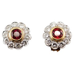 Pair of Ruby & Diamond 18K Gold Earrings Flower Cluster Design